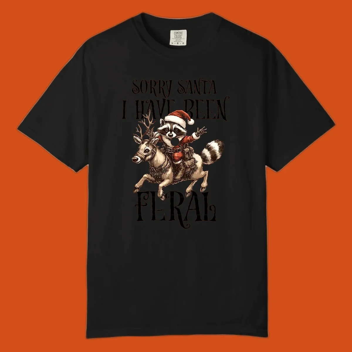 Feral raccoon in Santa hat riding reindeer, with text sorry santa i have been feral.