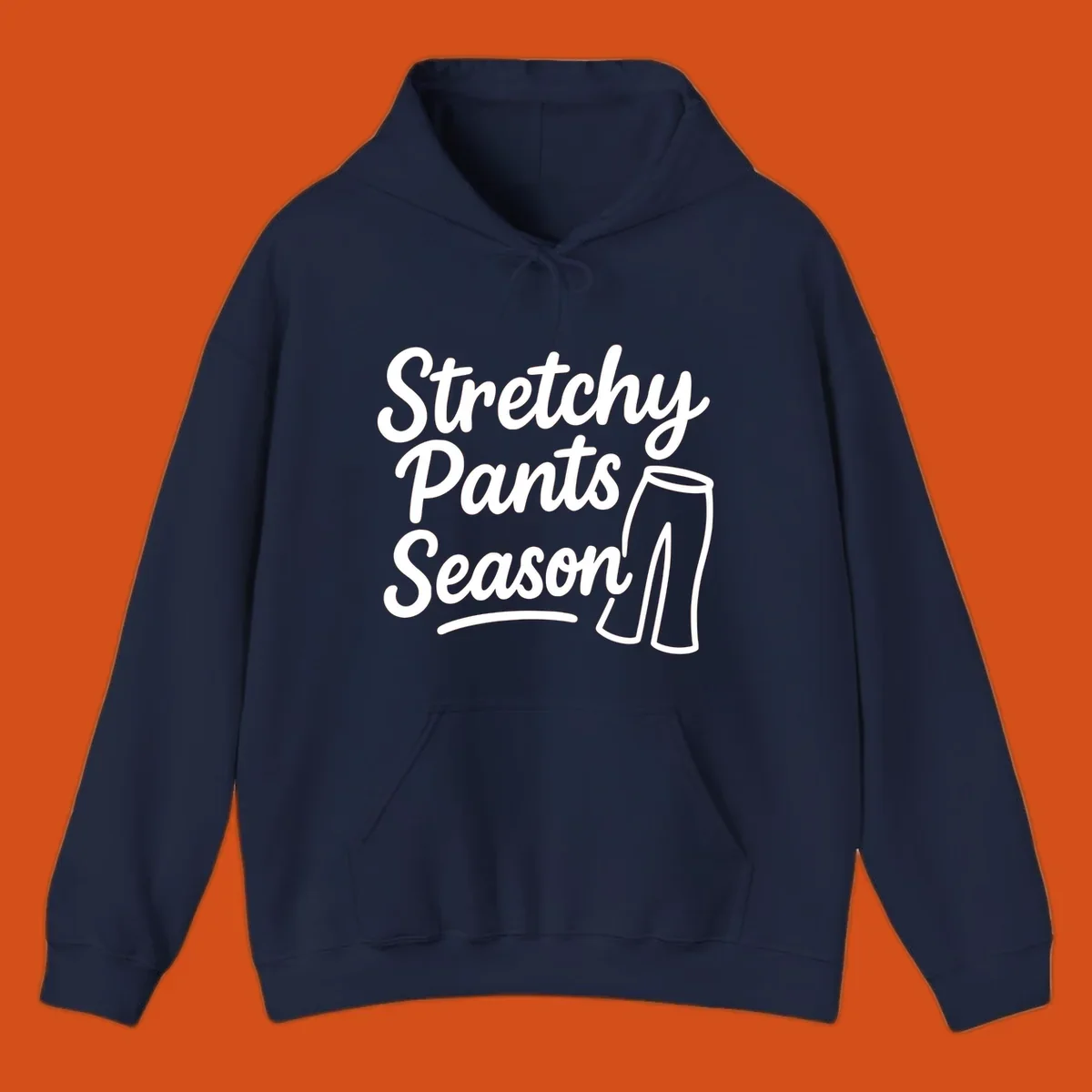 Stretchy Pants Season typography with pants illustration on dark background.