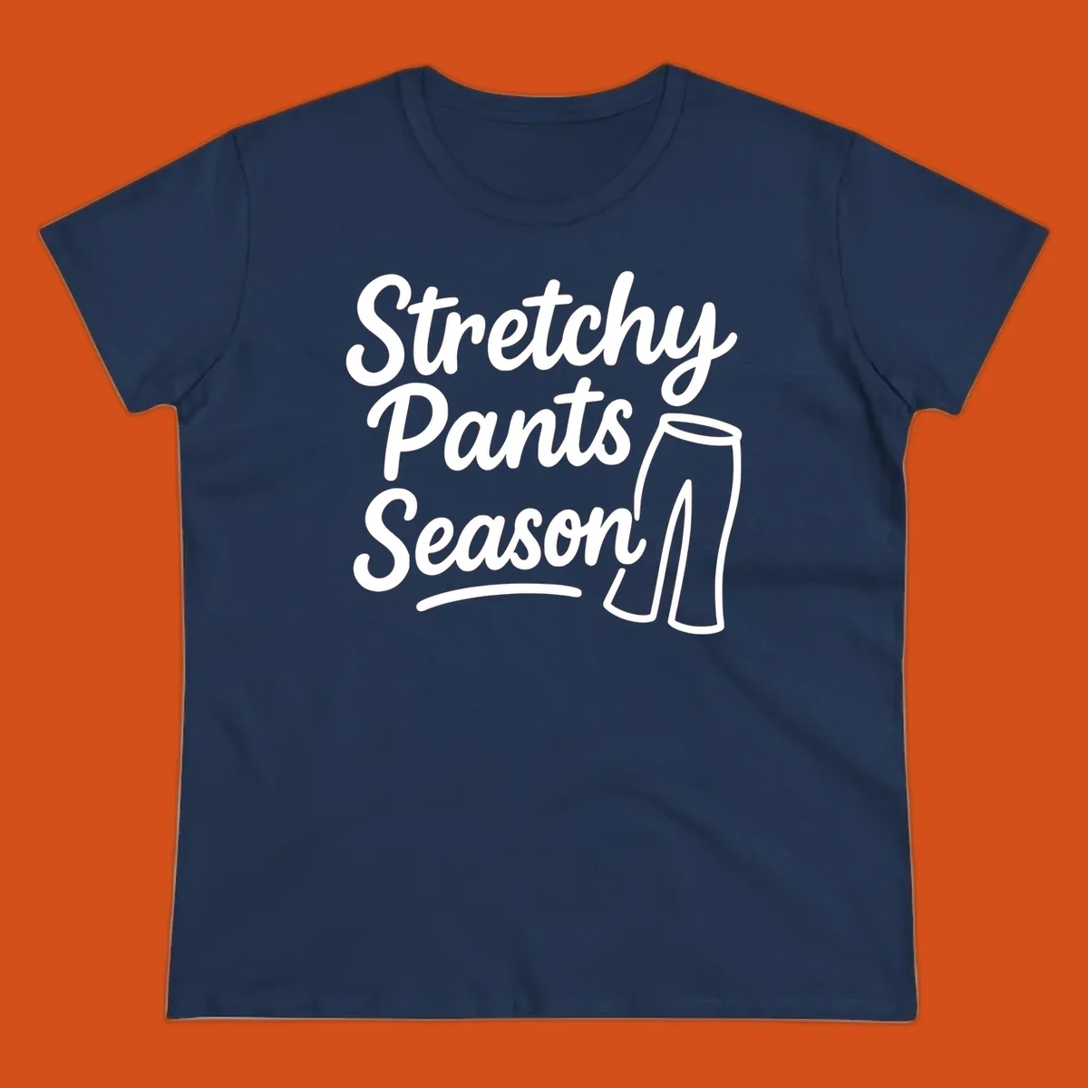 Stretchy Pants Season typography with pants illustration on dark background.