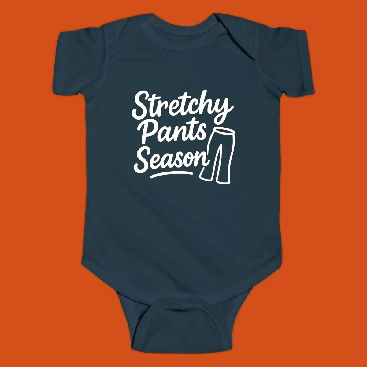 Stretchy Pants Season typography with pants illustration on dark background.