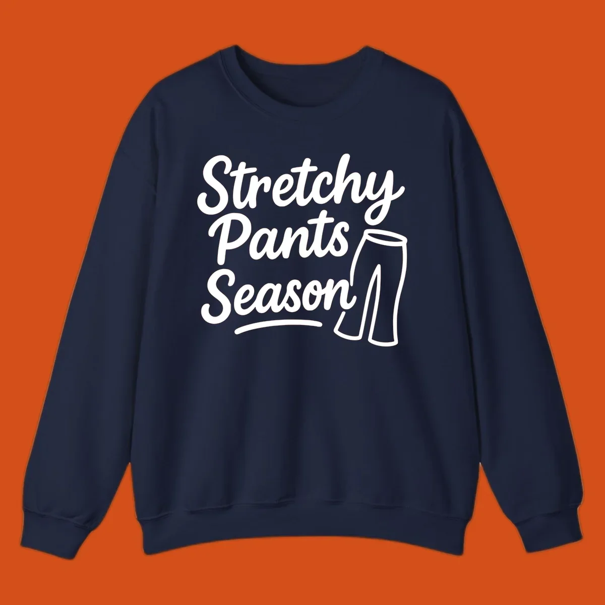 Stretchy Pants Season typography with pants illustration on dark background.