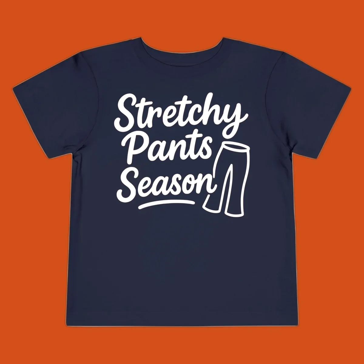 Stretchy Pants Season typography with pants illustration on dark background.