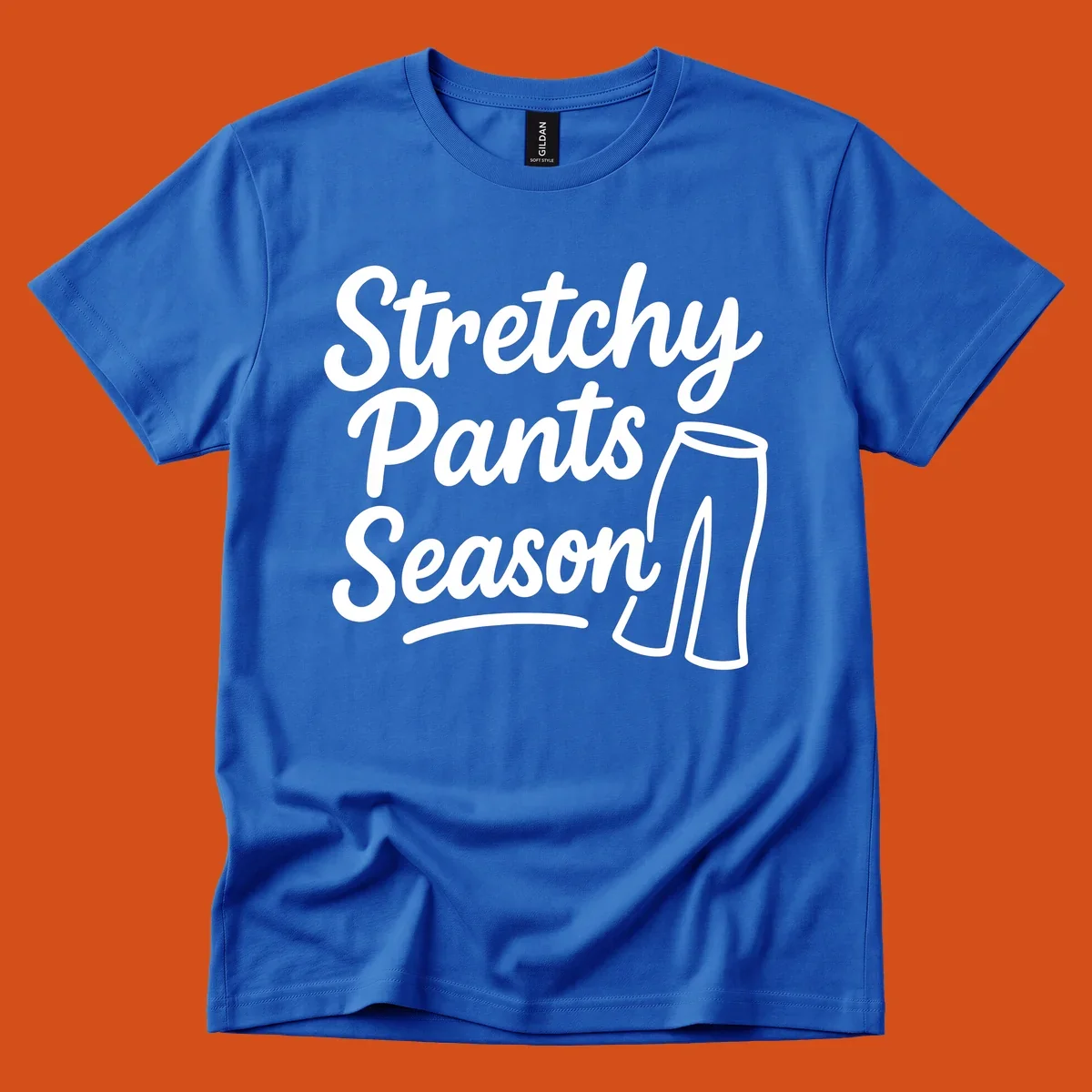Stretchy Pants Season typography with pants illustration on dark background.