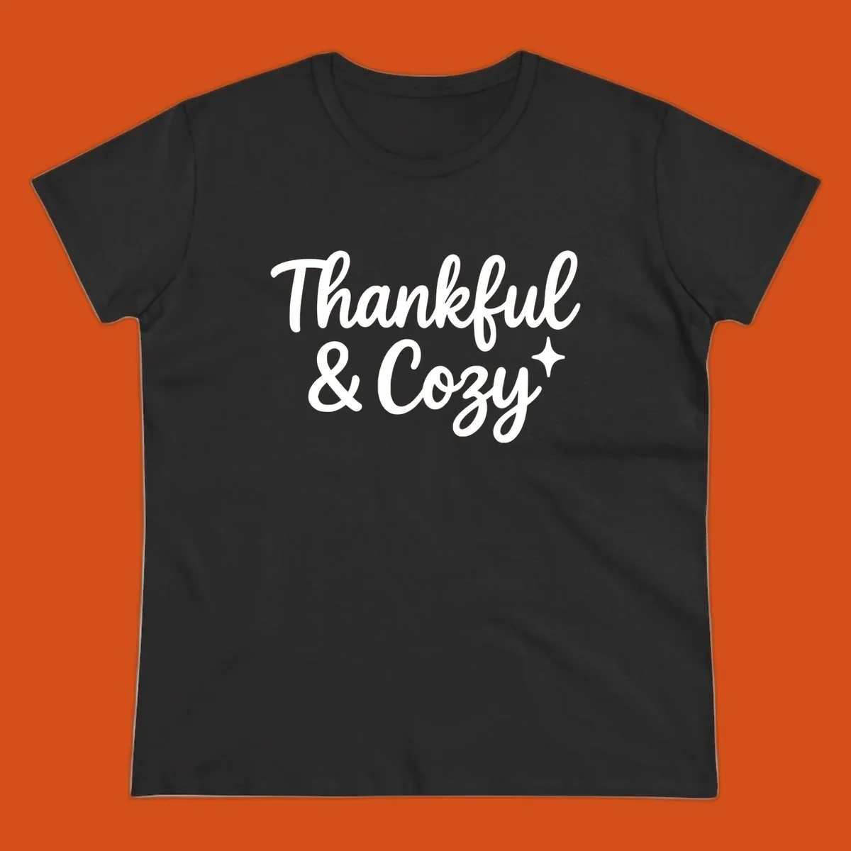 Thankful and cozy script text with starburst design.