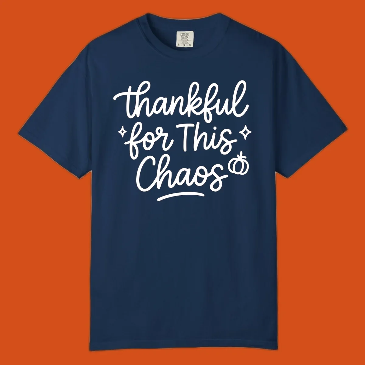 White script text 'thankful for This Chaos' with sparkles and a pumpkin on a black background.