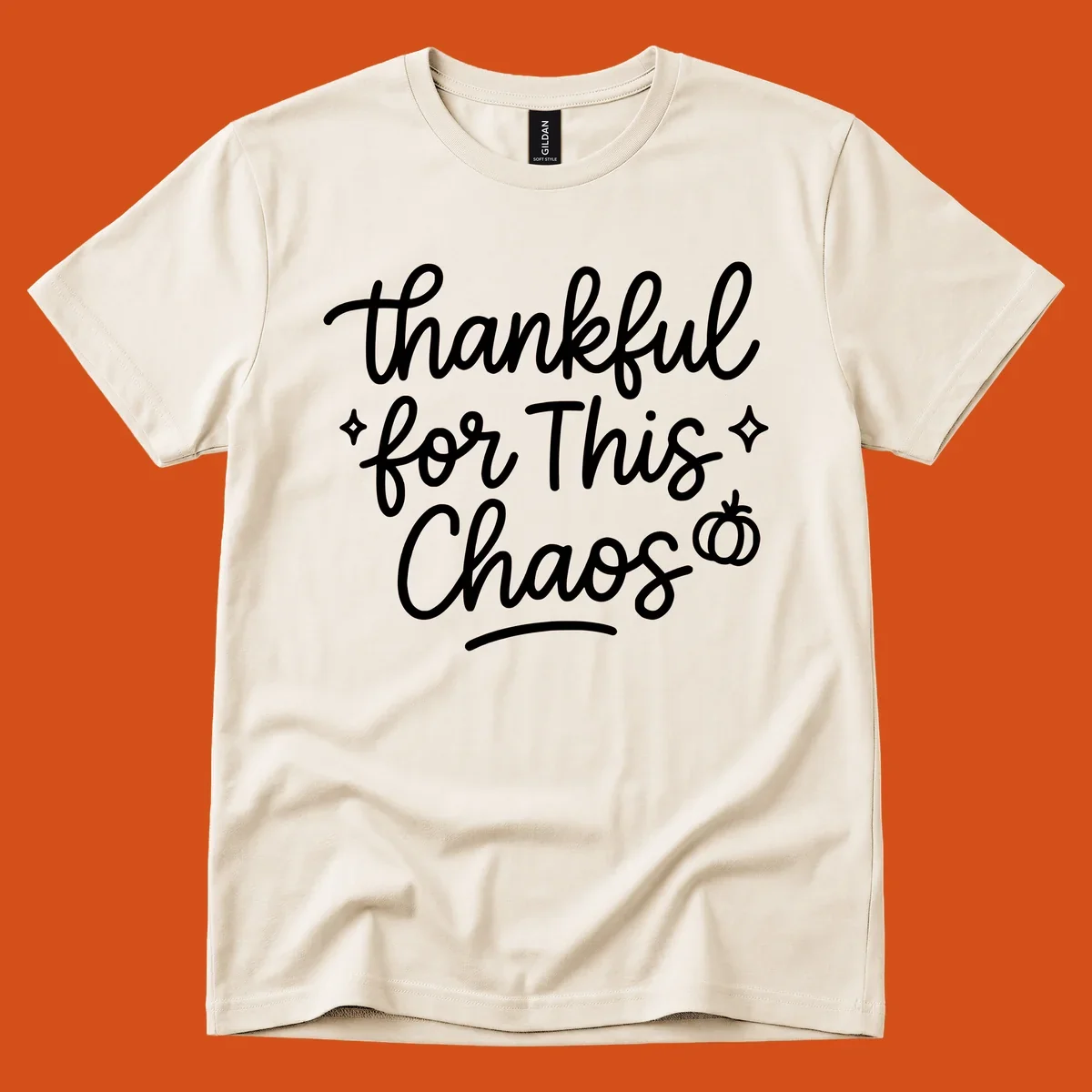 White script text 'thankful for This Chaos' with sparkles and a pumpkin on a black background.