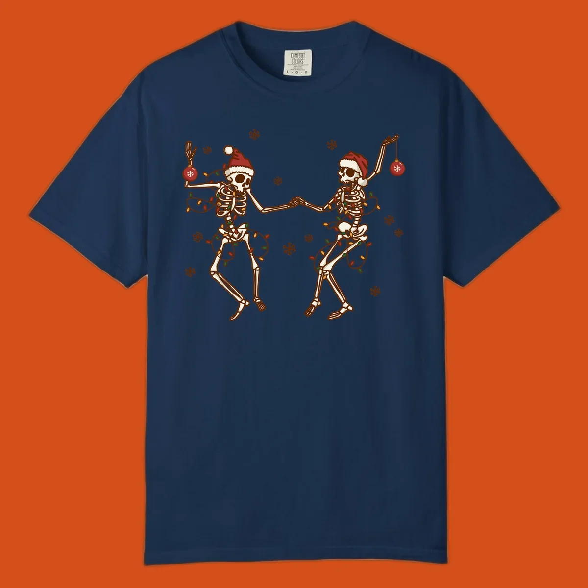 Two skeletons in Santa hats dancing with Christmas lights. Skeleton Christmas party.