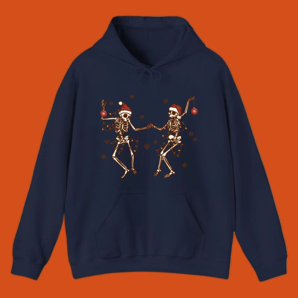 Two skeletons in Santa hats dancing with Christmas lights. Skeleton Christmas party.