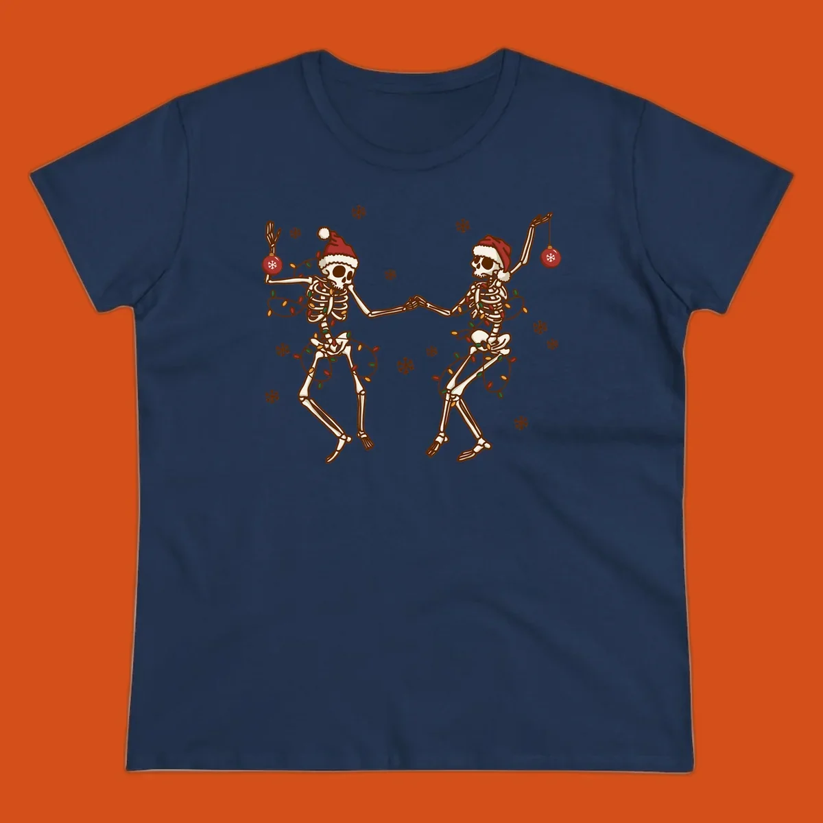 Two skeletons in Santa hats dancing with Christmas lights. Skeleton Christmas party.