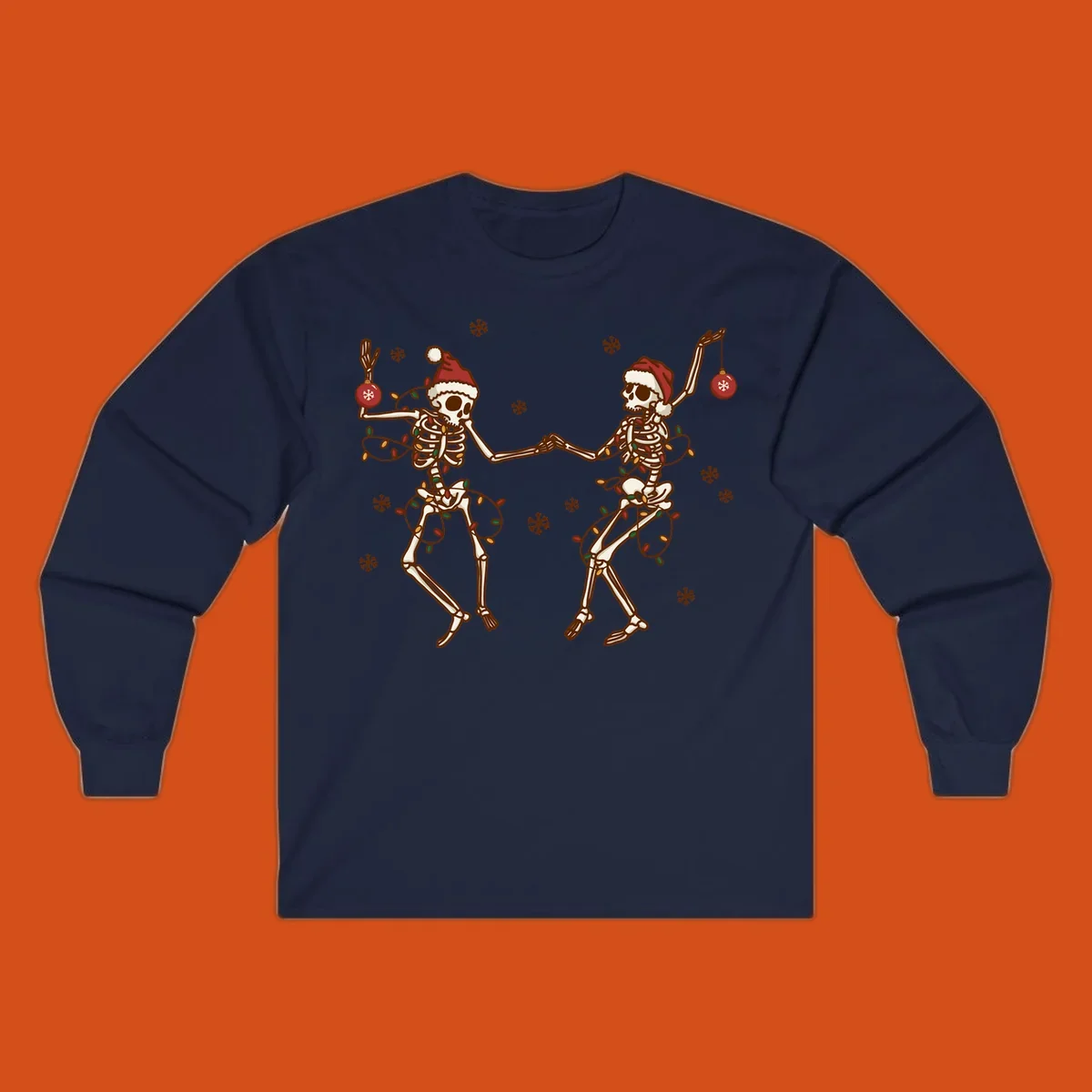 Two skeletons in Santa hats dancing with Christmas lights. Skeleton Christmas party.