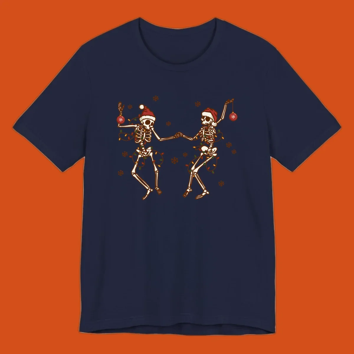 Two skeletons in Santa hats dancing with Christmas lights. Skeleton Christmas party.