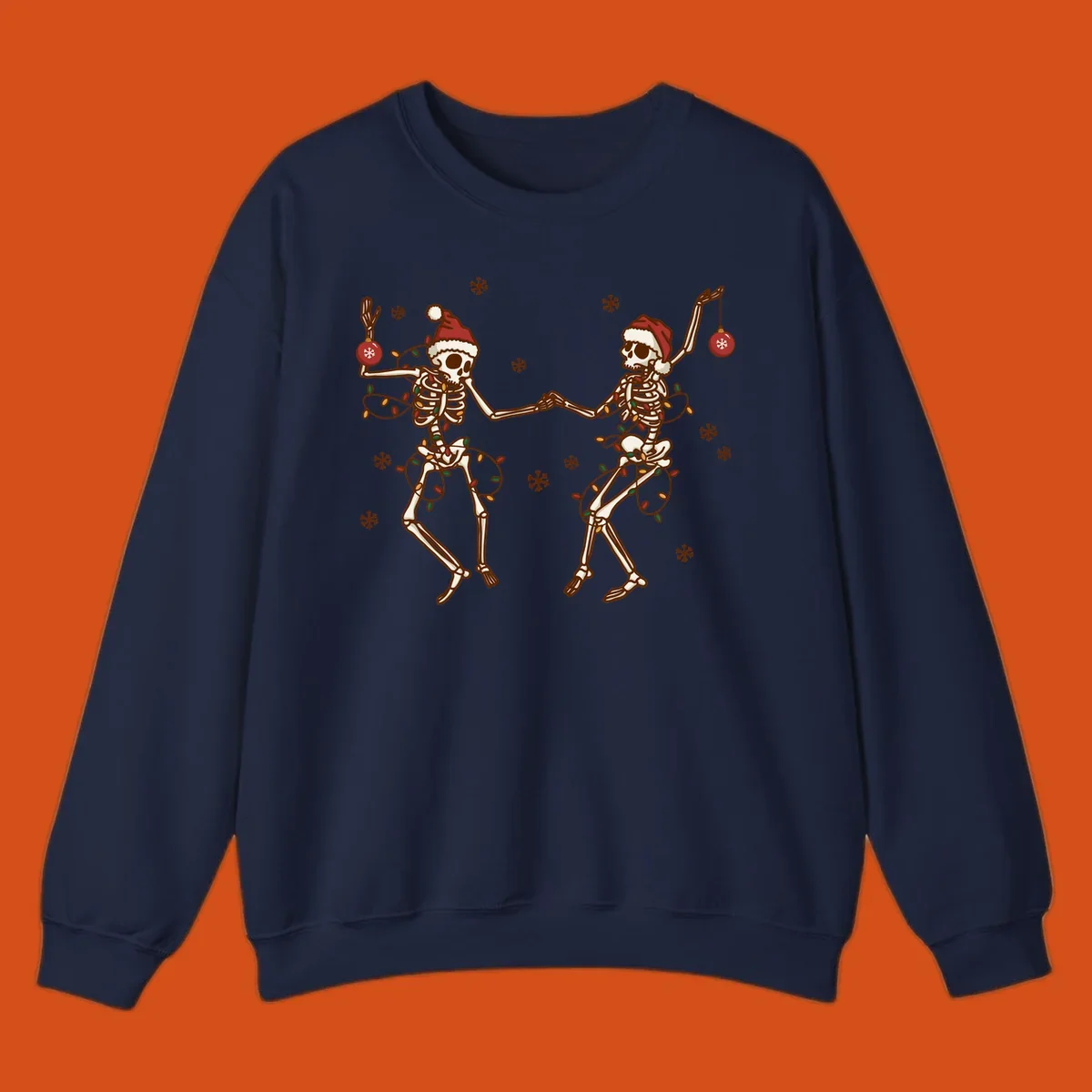 Two skeletons in Santa hats dancing with Christmas lights. Skeleton Christmas party.