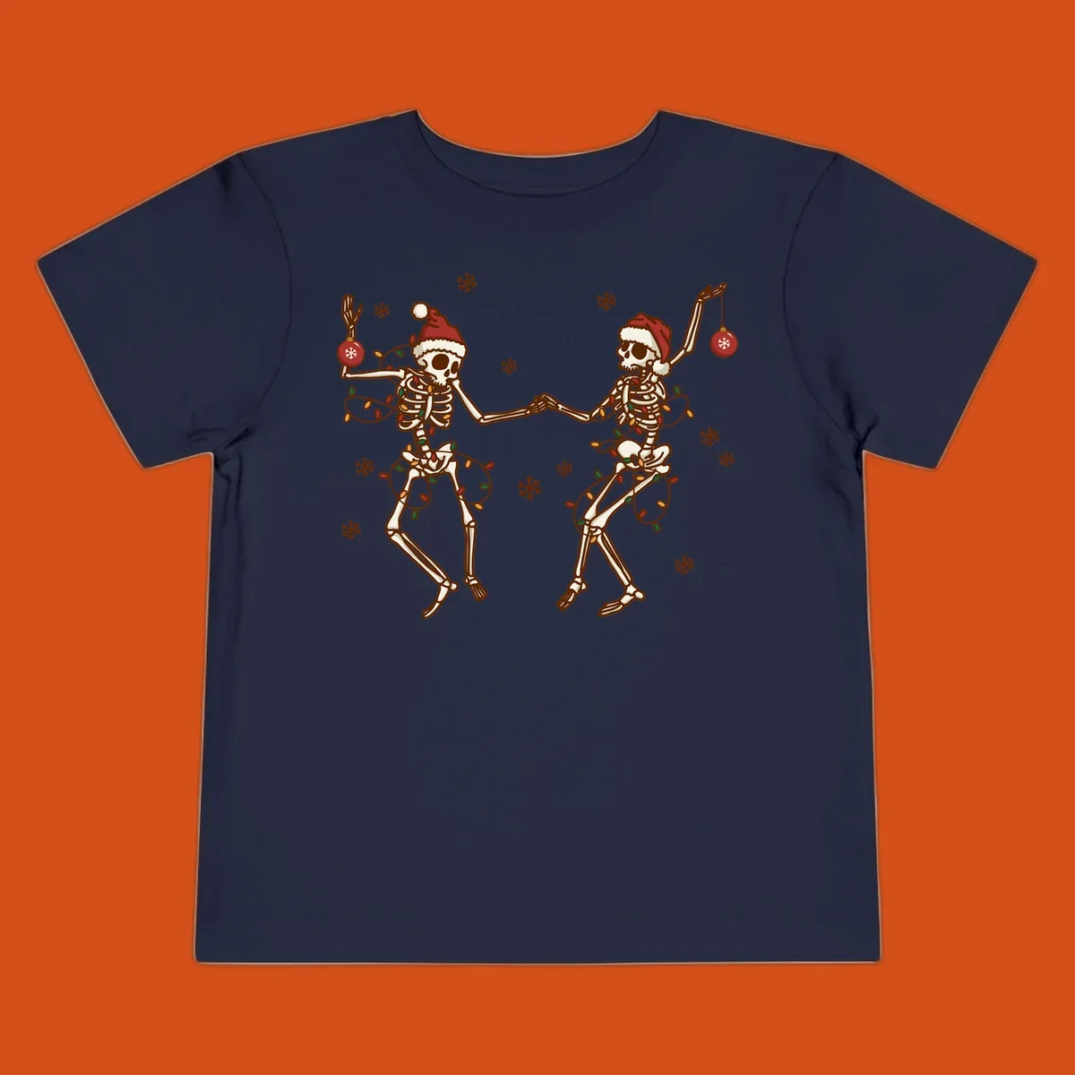 Two skeletons in Santa hats dancing with Christmas lights. Skeleton Christmas party.