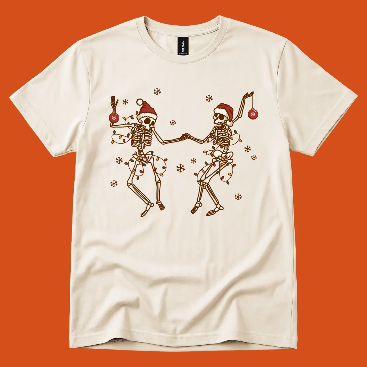 Two skeletons in Santa hats dancing with Christmas lights. Skeleton Christmas party.