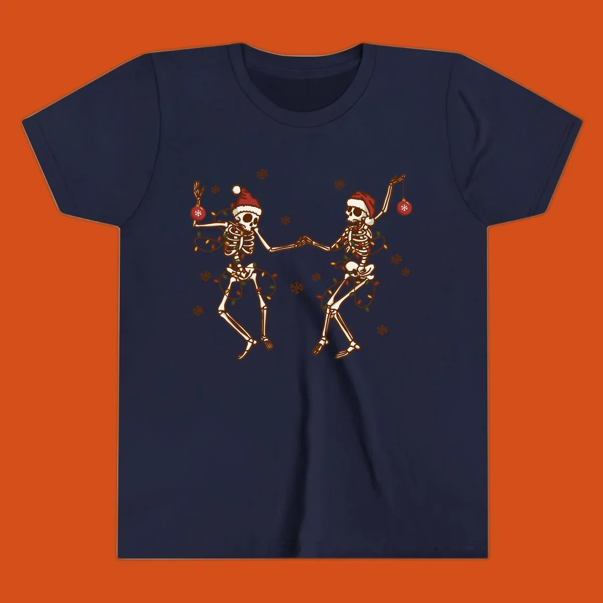 Two skeletons in Santa hats dancing with Christmas lights. Skeleton Christmas party.