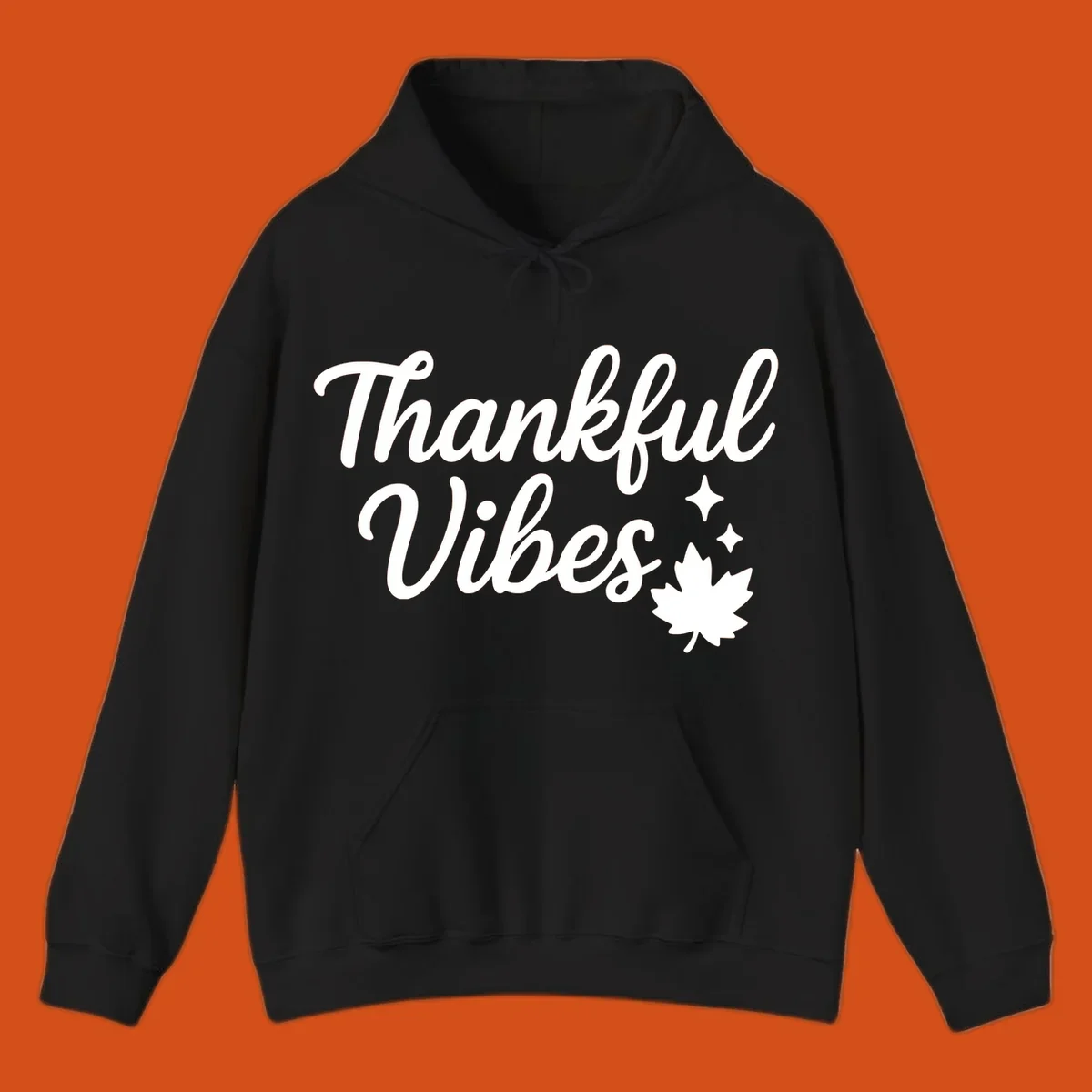 Thankful Vibes text with fall maple leaf and sparkles graphic.