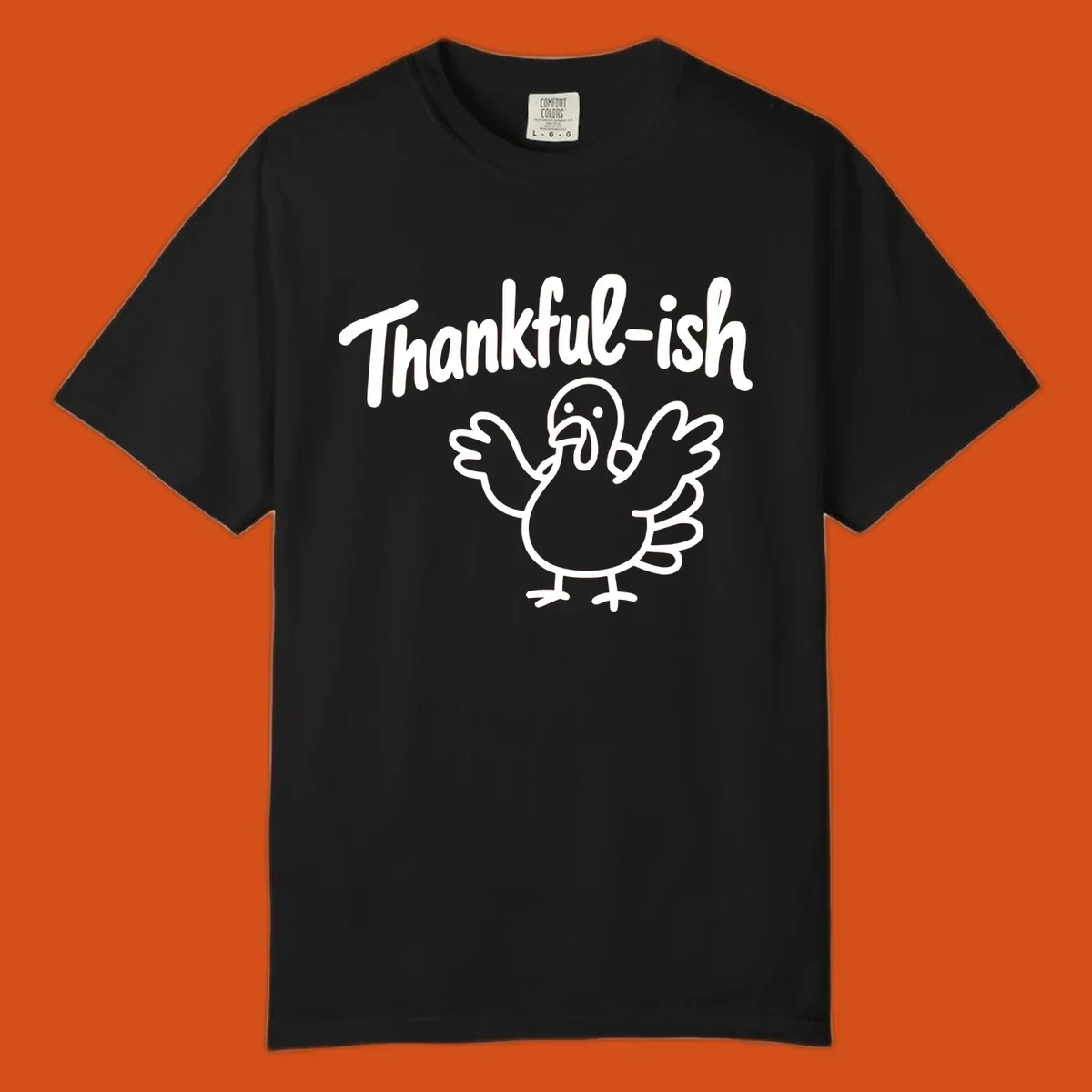 Thankful-ish text and cartoon turkey illustration, thanksgiving holiday design