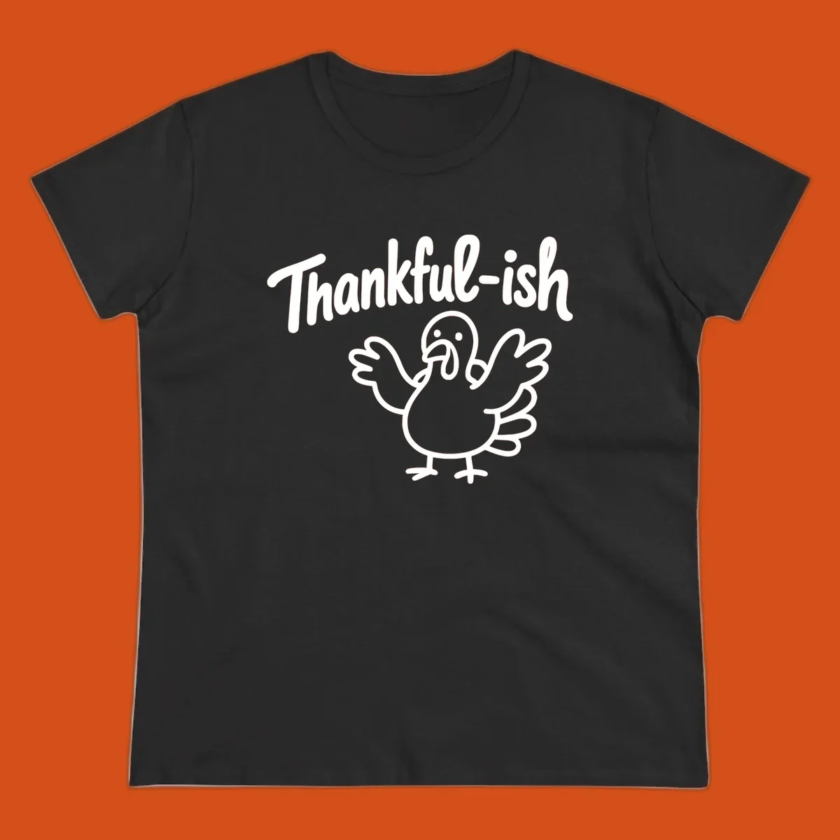 Thankful-ish text and cartoon turkey illustration, thanksgiving holiday design