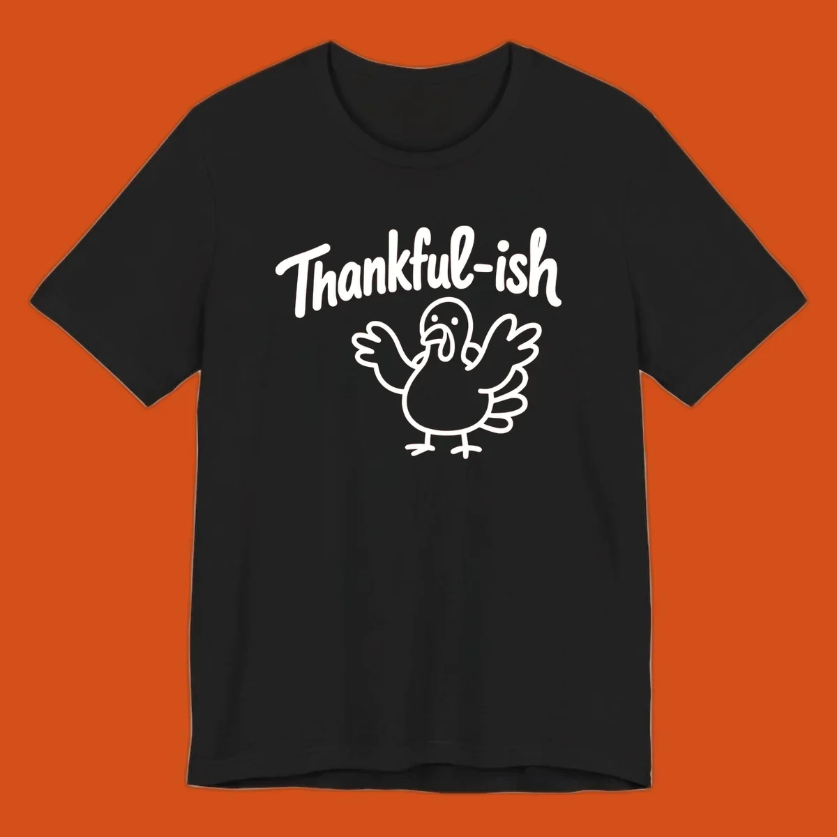 Thankful-ish text and cartoon turkey illustration, thanksgiving holiday design