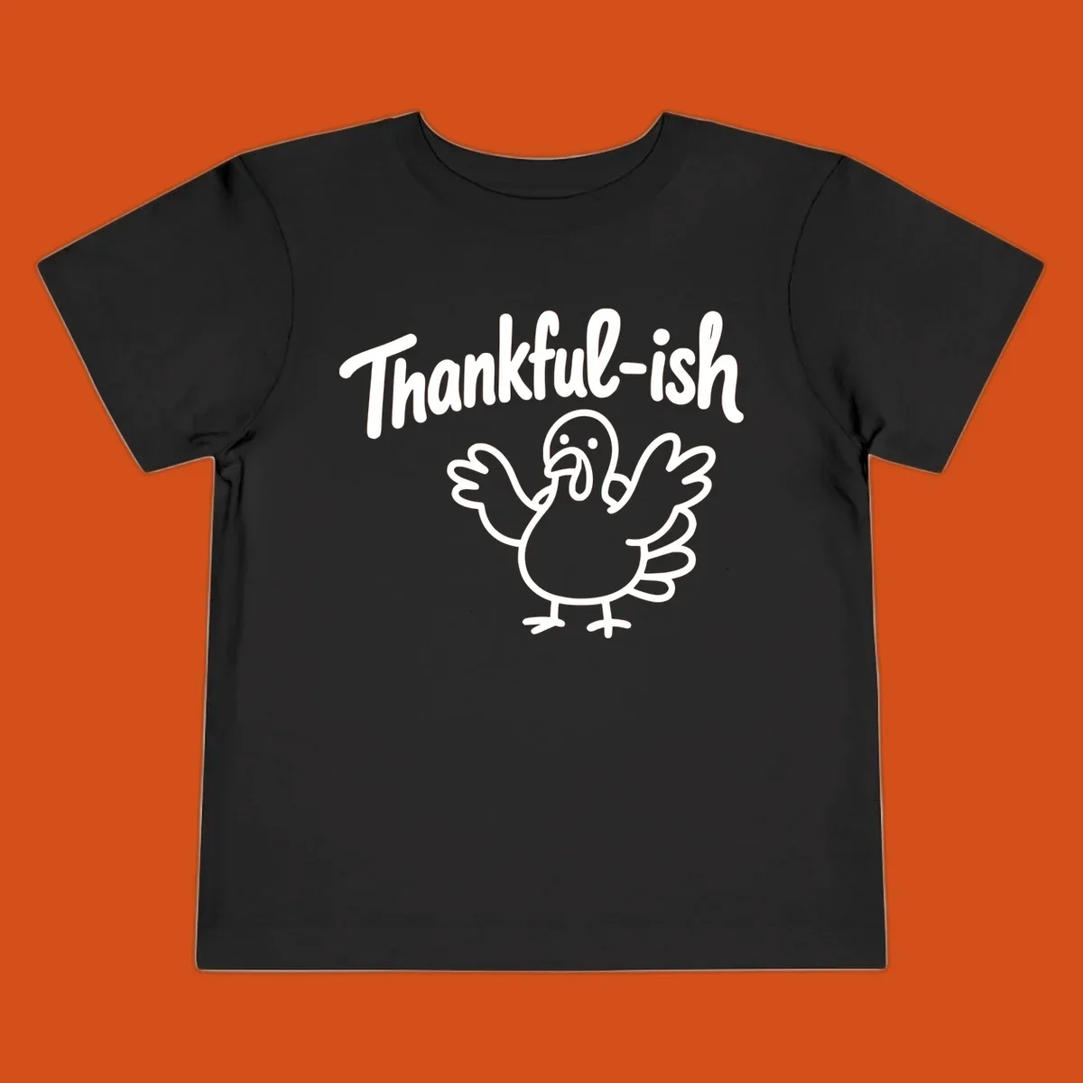 Thankful-ish text and cartoon turkey illustration, thanksgiving holiday design
