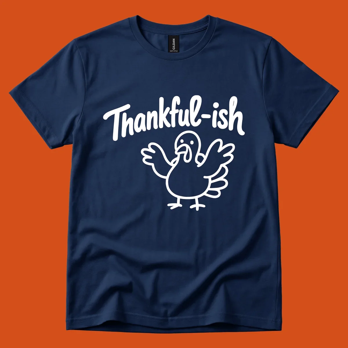 Thankful-ish text and cartoon turkey illustration, thanksgiving holiday design