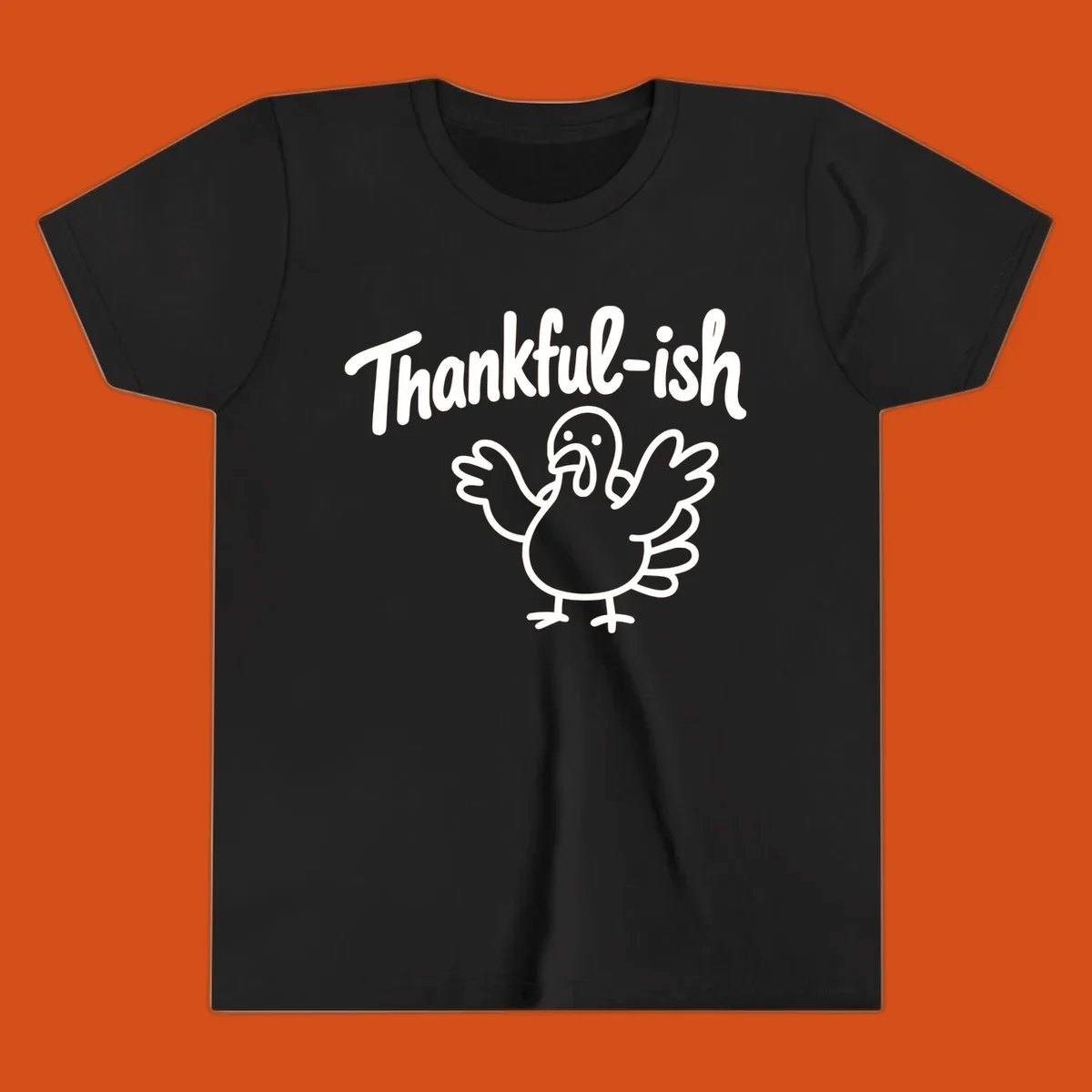 Thankful-ish text and cartoon turkey illustration, thanksgiving holiday design