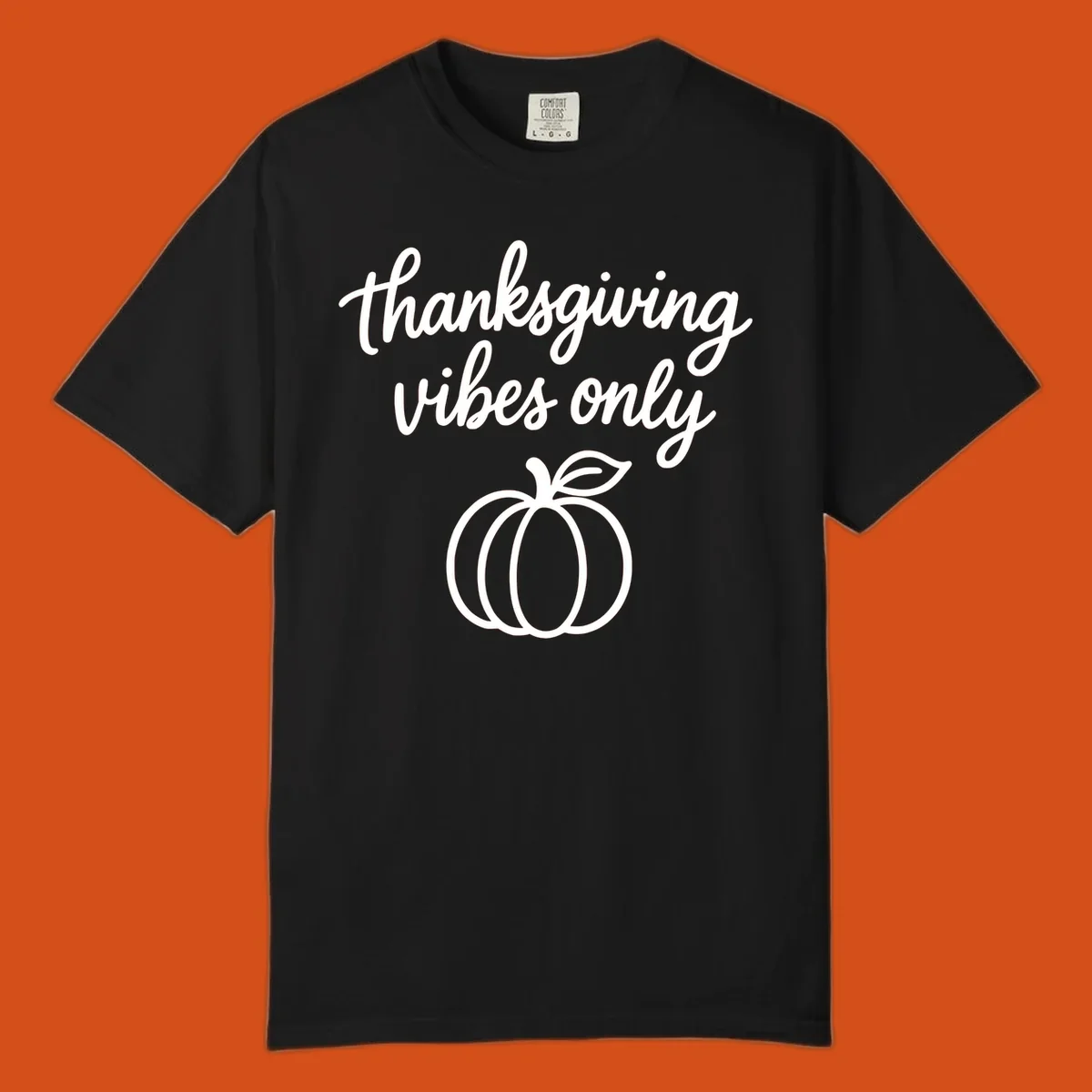 Thanksgiving vibes only text with a pumpkin graphic. Thanksgiving-vibes-only.
