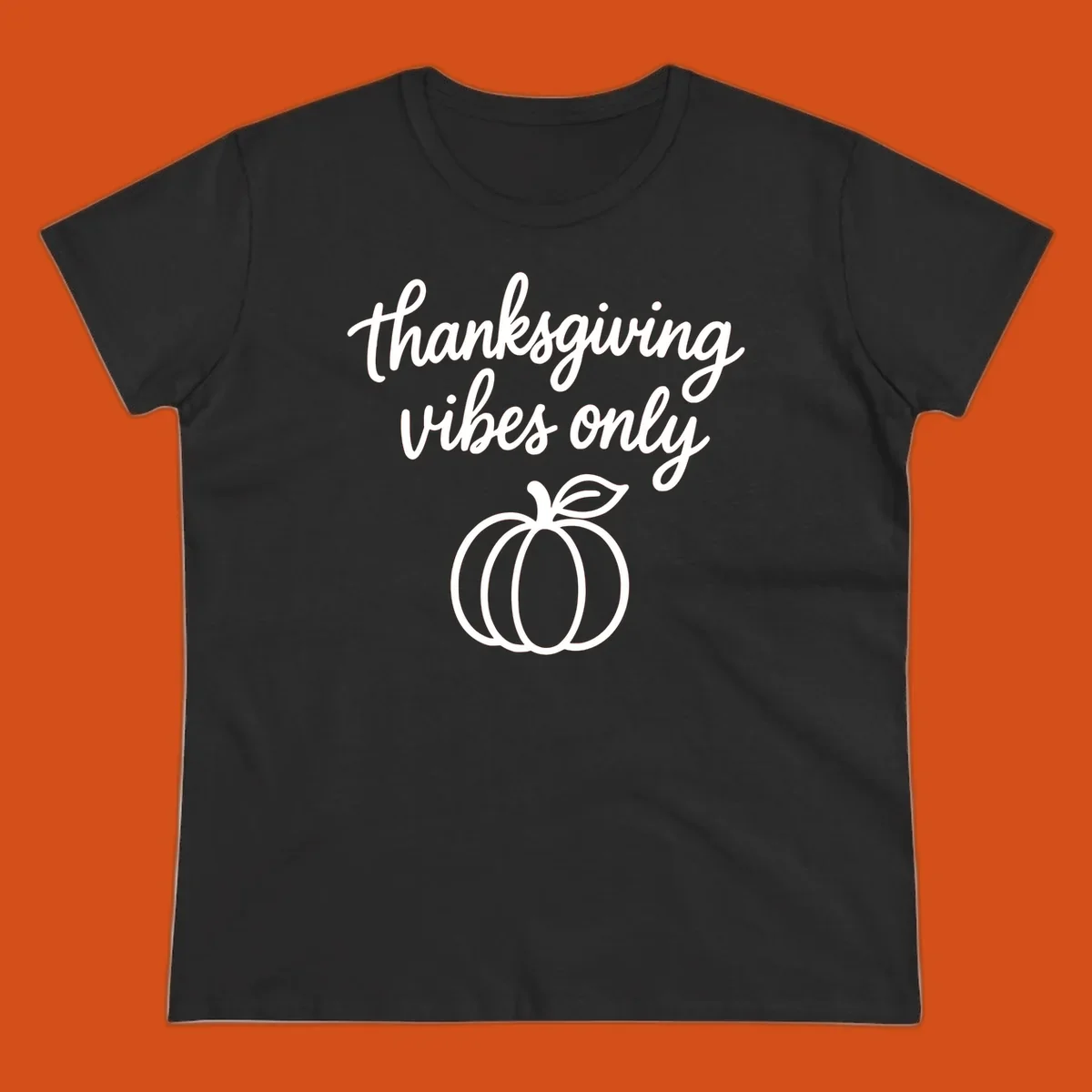 Thanksgiving vibes only text with a pumpkin graphic. Thanksgiving-vibes-only.