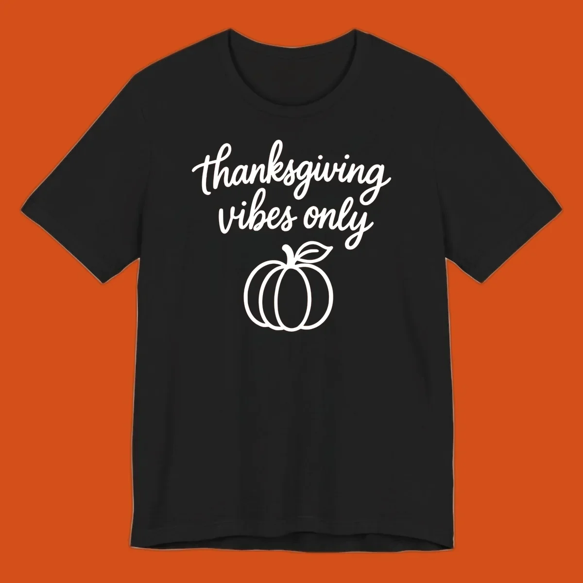 Thanksgiving vibes only text with a pumpkin graphic. Thanksgiving-vibes-only.