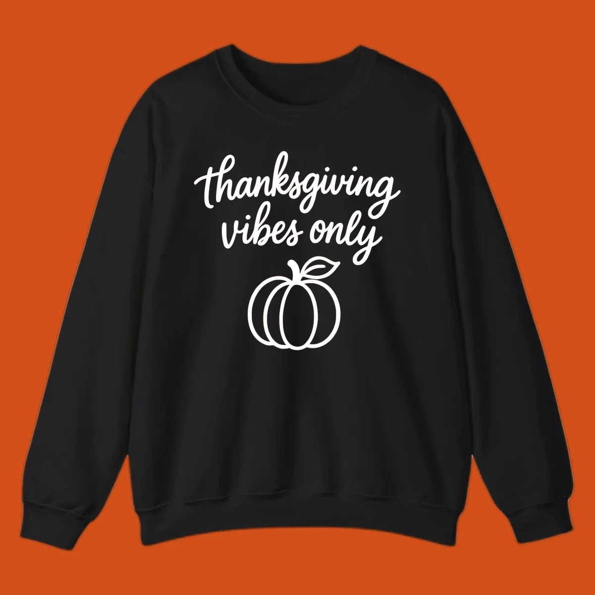 Thanksgiving vibes only text with a pumpkin graphic. Thanksgiving-vibes-only.