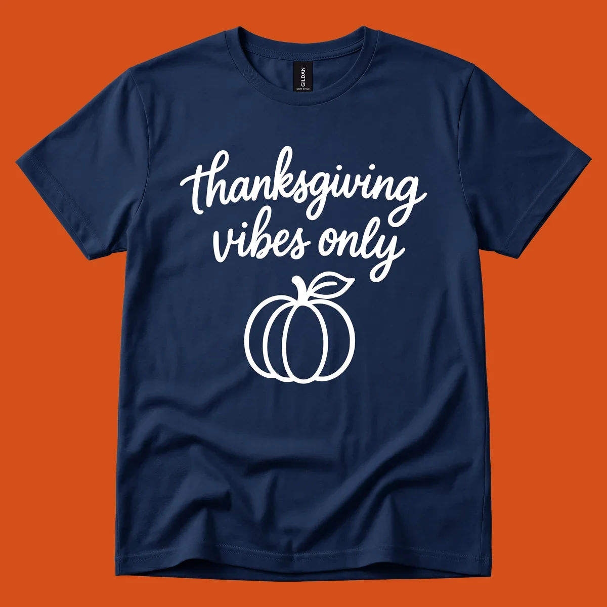 Thanksgiving vibes only text with a pumpkin graphic. Thanksgiving-vibes-only.