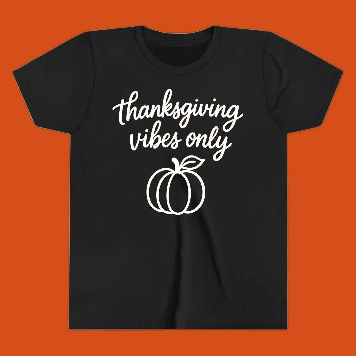 Thanksgiving vibes only text with a pumpkin graphic. Thanksgiving-vibes-only.