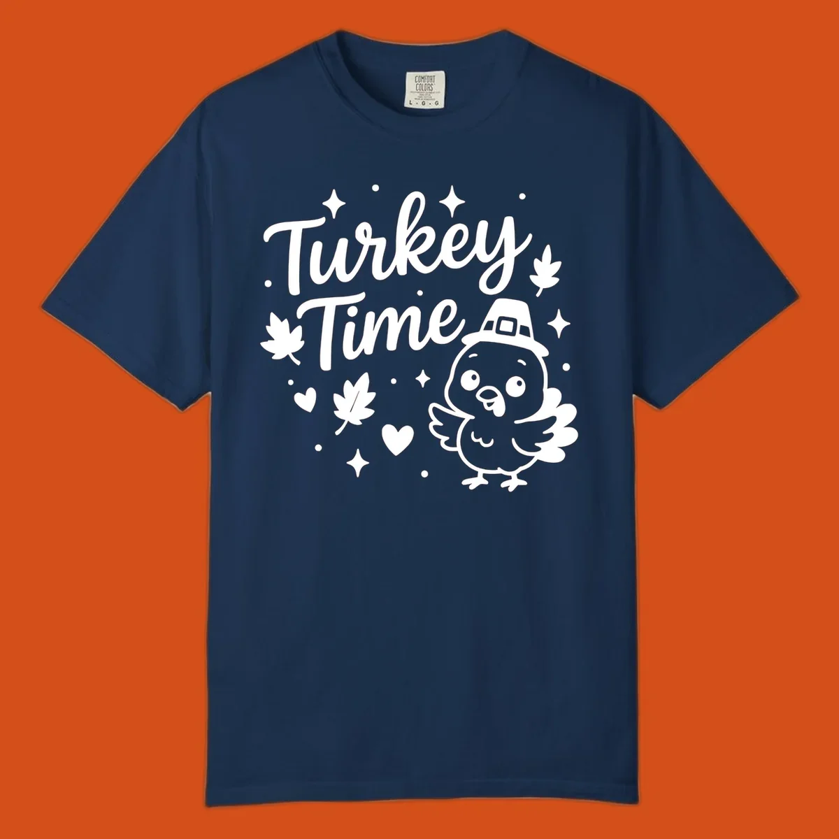 Cute turkey time thanksgiving design with a pilgrim turkey and fall elements.