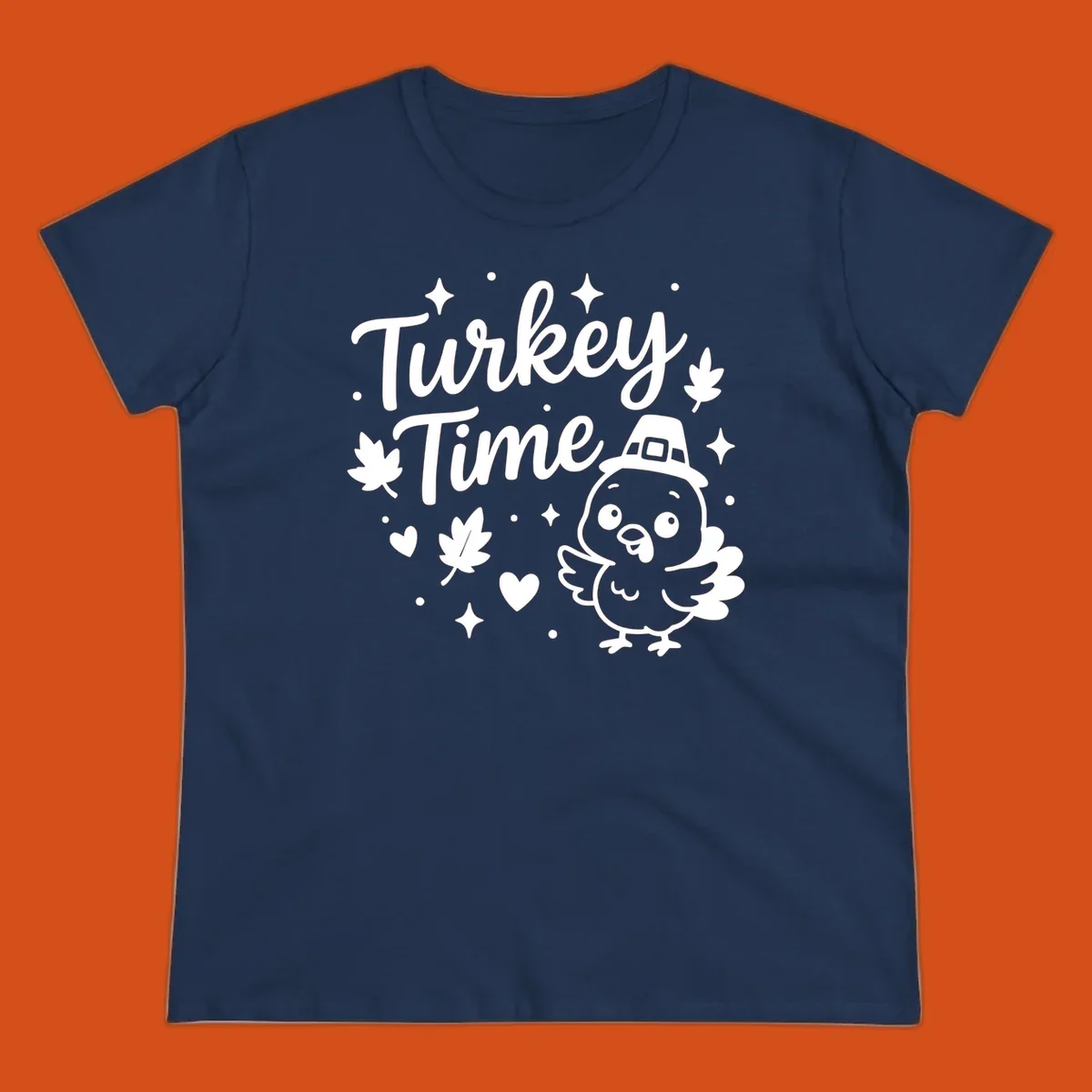 Cute turkey time thanksgiving design with a pilgrim turkey and fall elements.