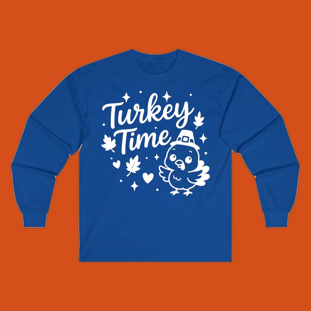 Cute turkey time thanksgiving design with a pilgrim turkey and fall elements.