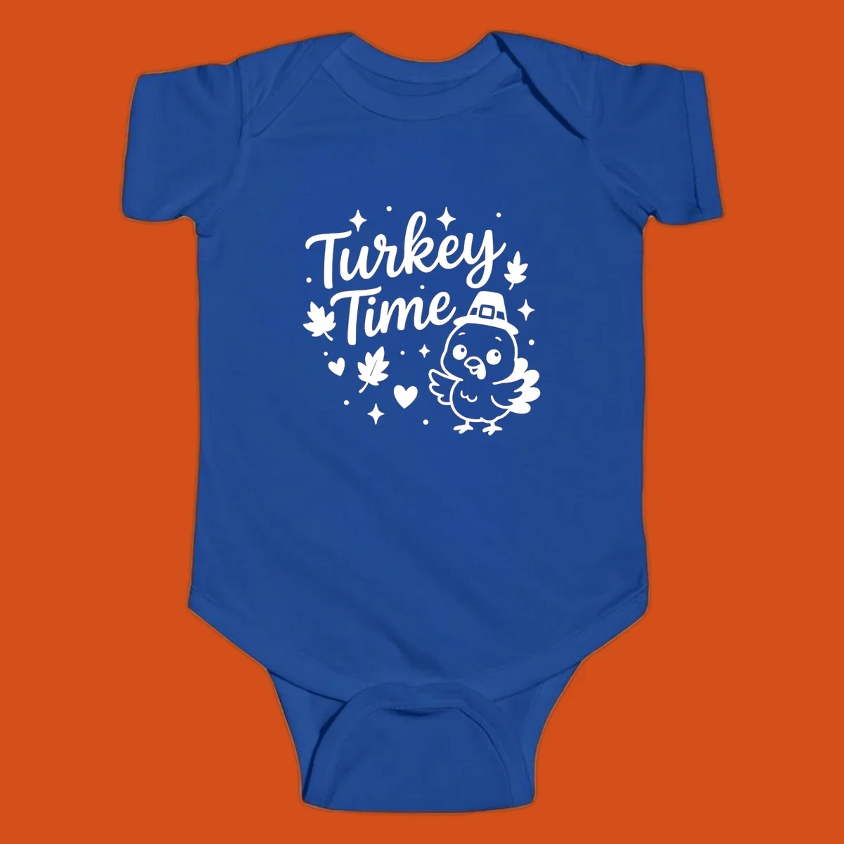 Cute turkey time thanksgiving design with a pilgrim turkey and fall elements.