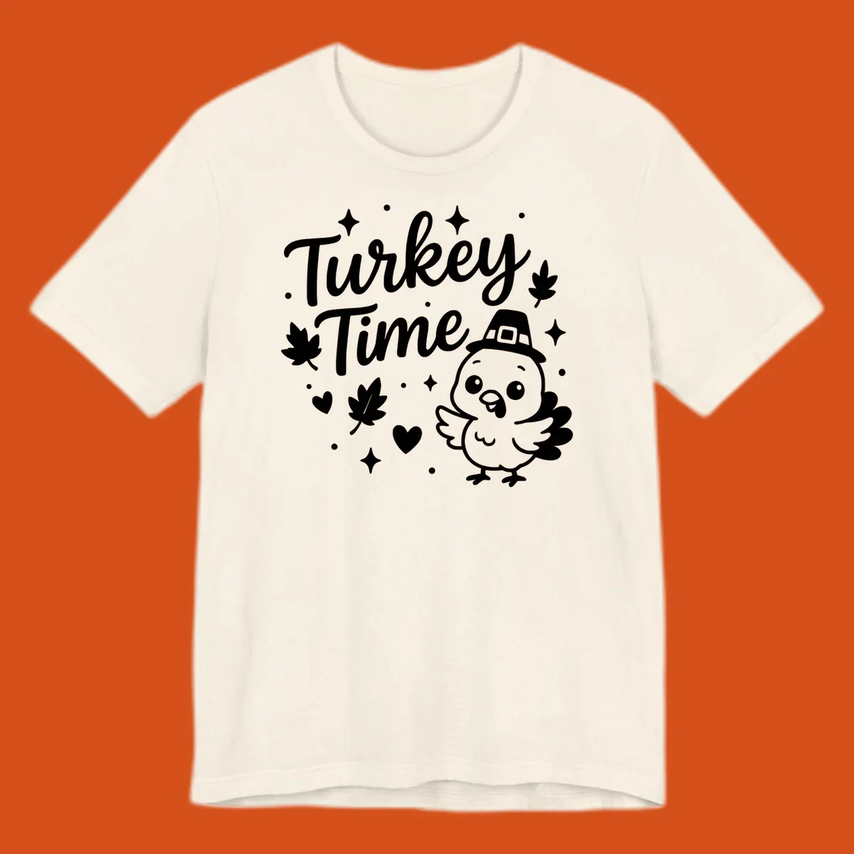 Cute turkey time thanksgiving design with a pilgrim turkey and fall elements.