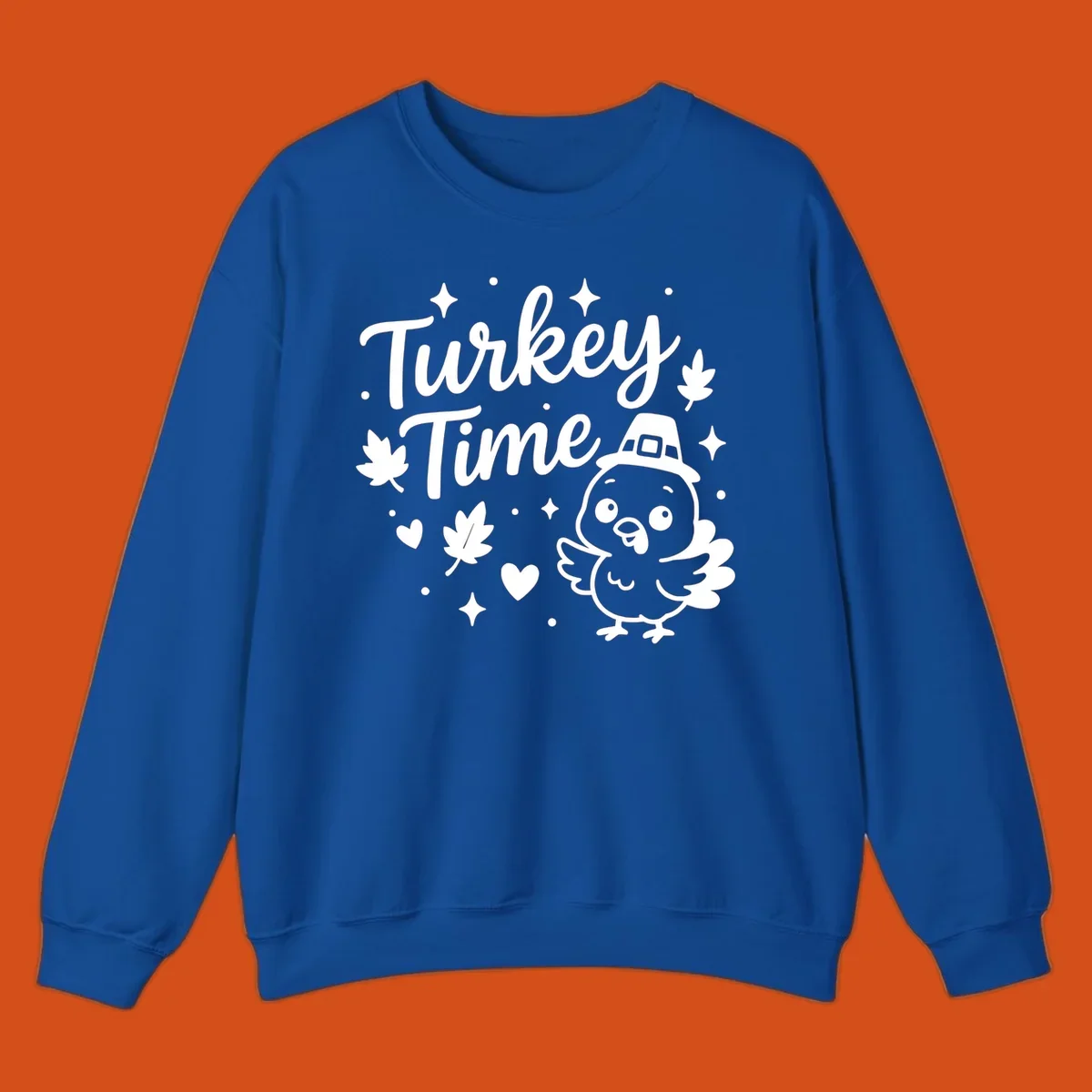 Cute turkey time thanksgiving design with a pilgrim turkey and fall elements.