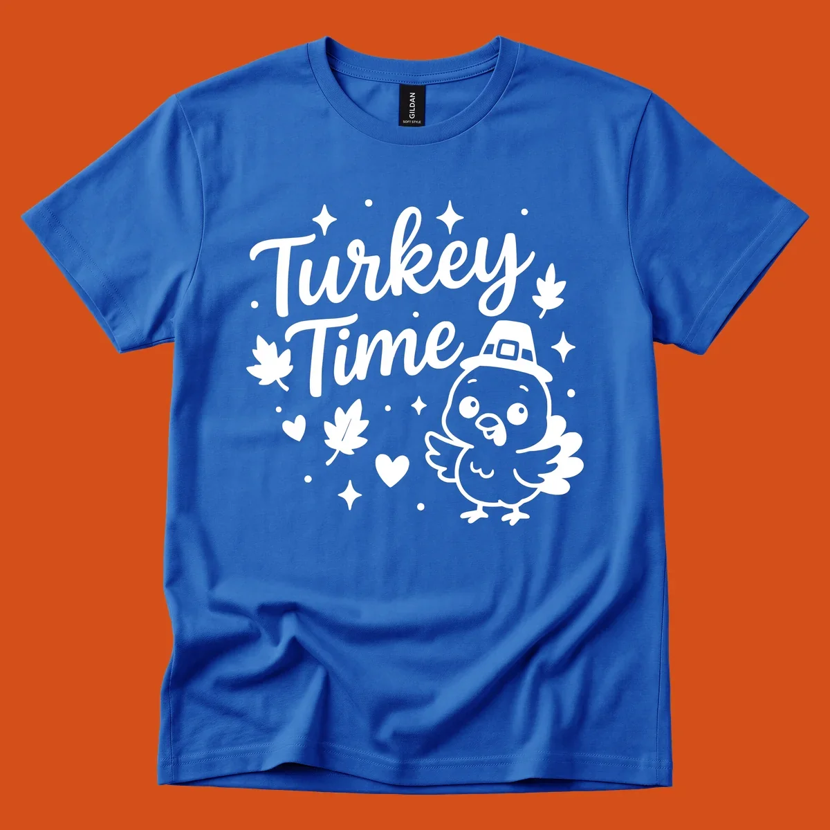 Cute turkey time thanksgiving design with a pilgrim turkey and fall elements.