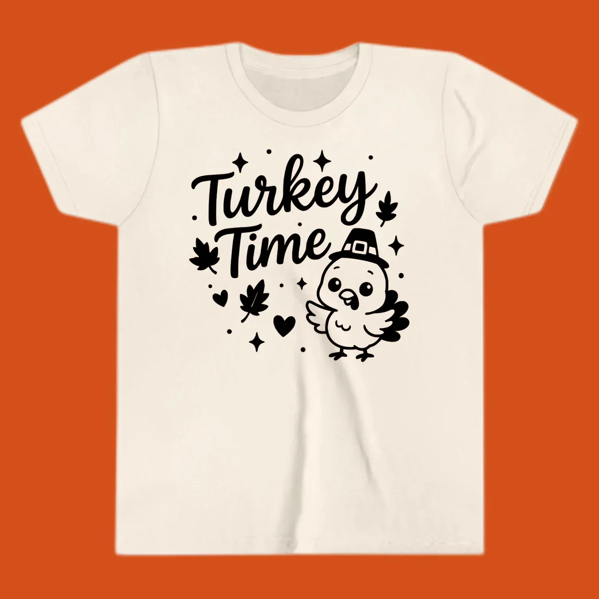 Cute turkey time thanksgiving design with a pilgrim turkey and fall elements.