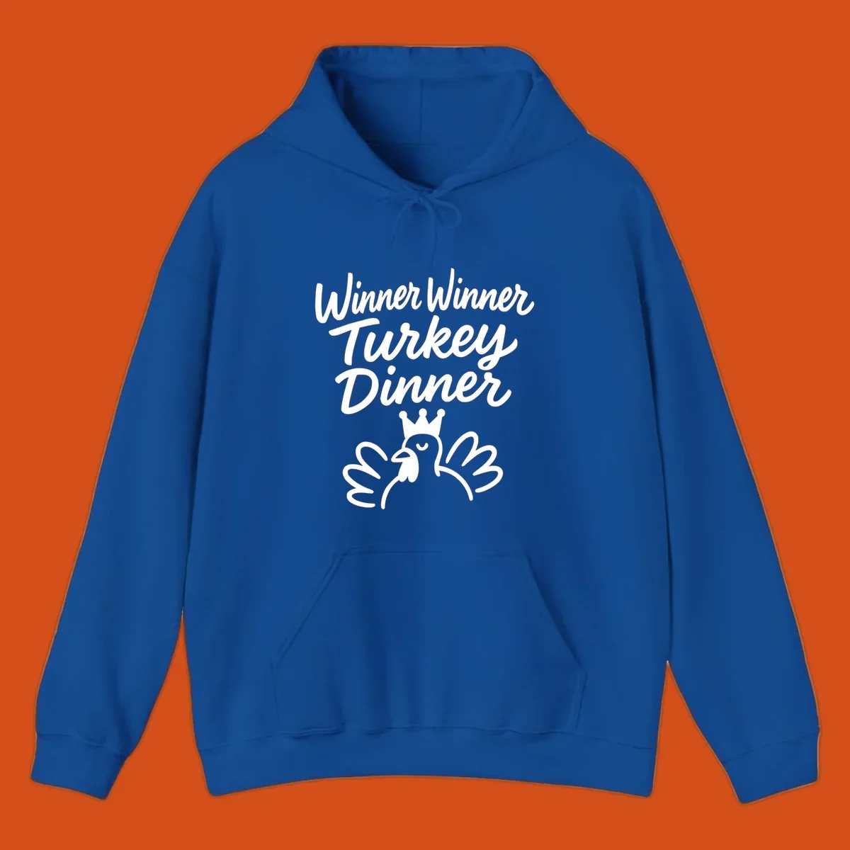 Winner winner turkey dinner text with a crowned turkey illustration.