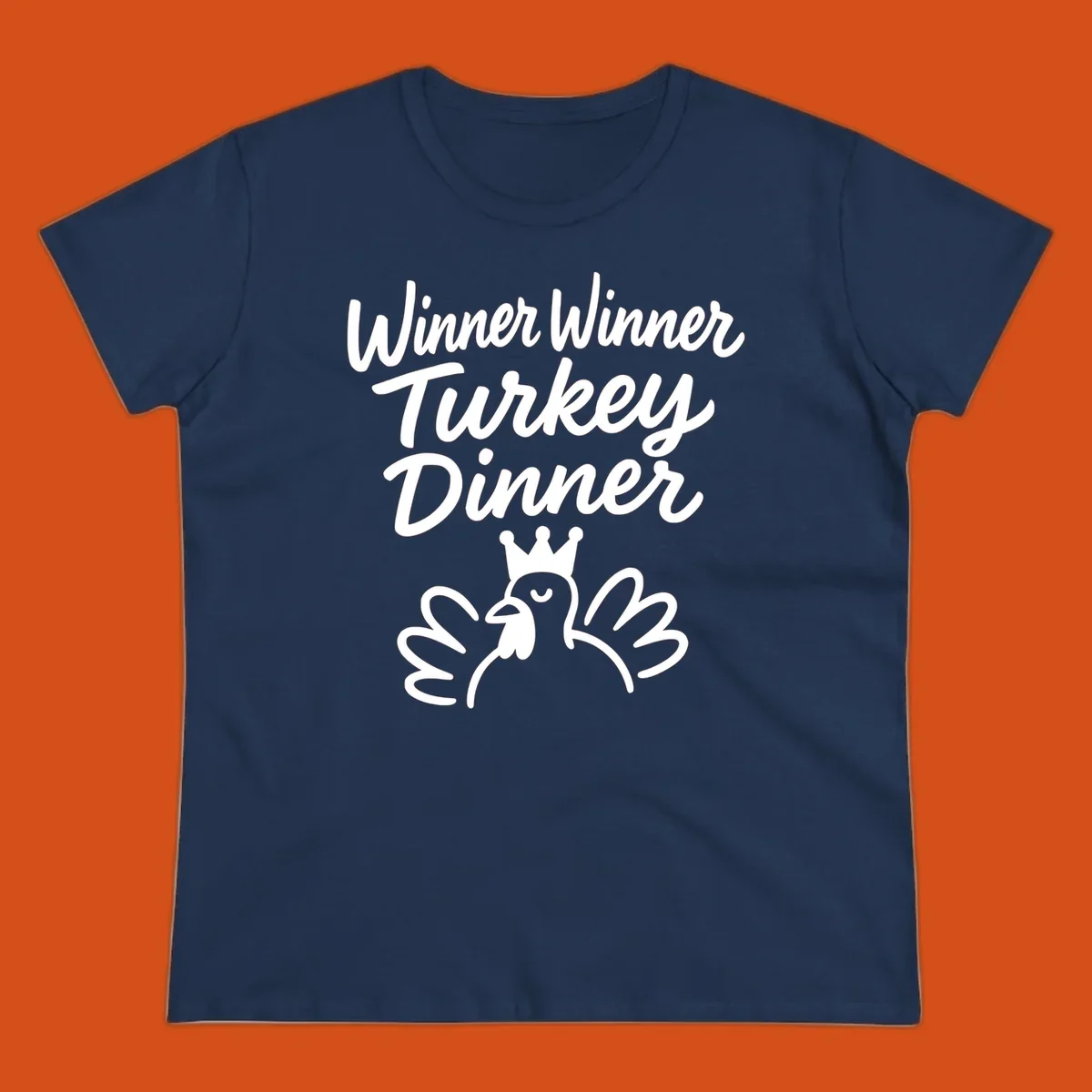 Winner winner turkey dinner text with a crowned turkey illustration.