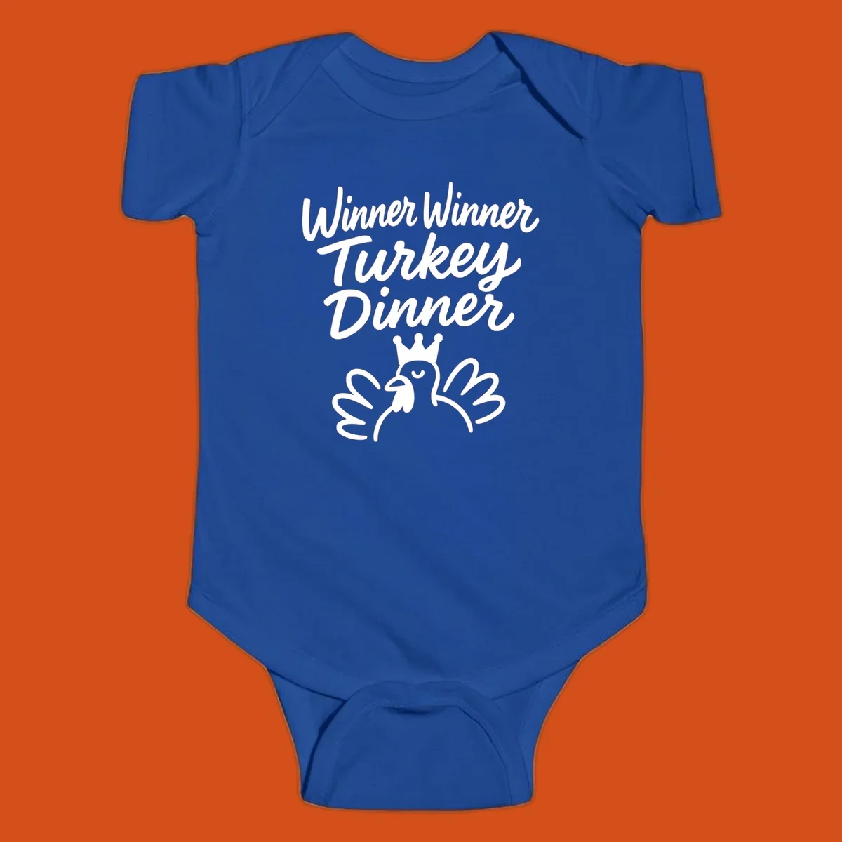 Winner winner turkey dinner text with a crowned turkey illustration.