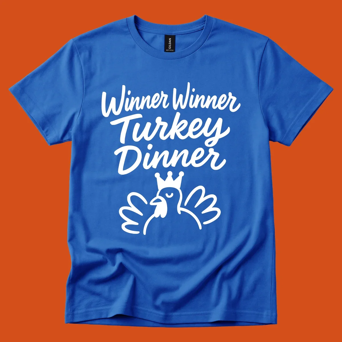 Winner winner turkey dinner text with a crowned turkey illustration.