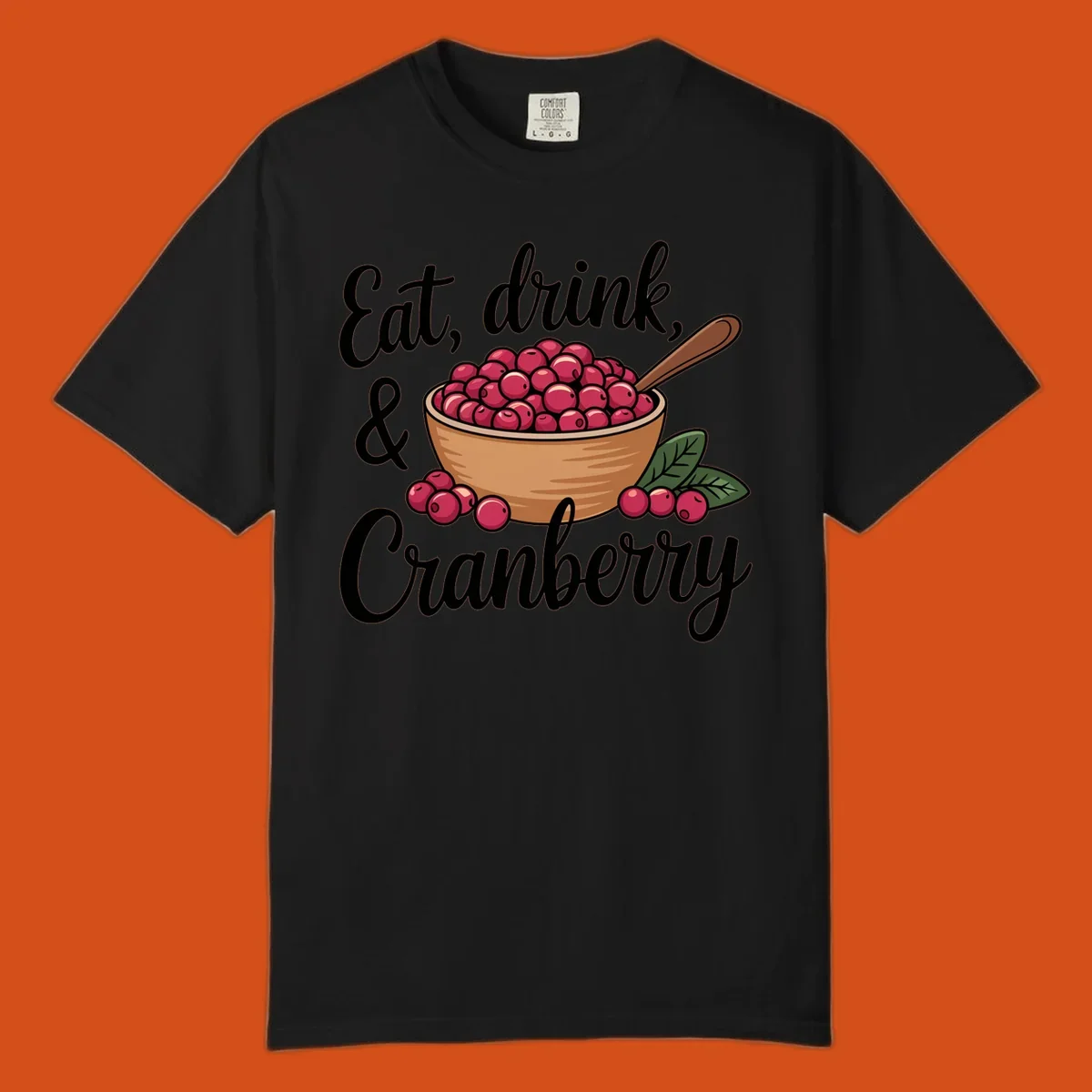 Eat, drink, cranberry text with illustration of a bowl of cranberries