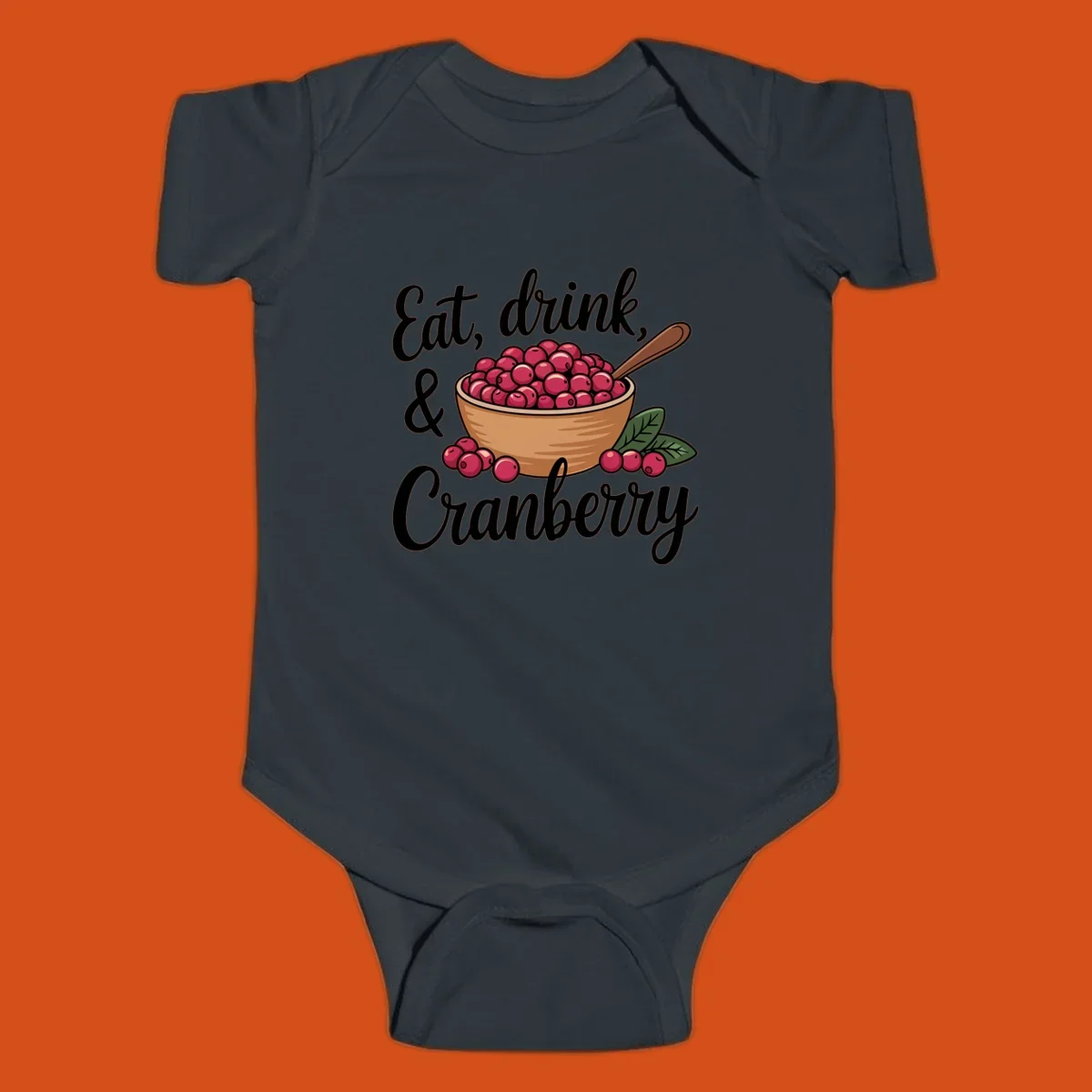 Eat, drink, cranberry text with illustration of a bowl of cranberries