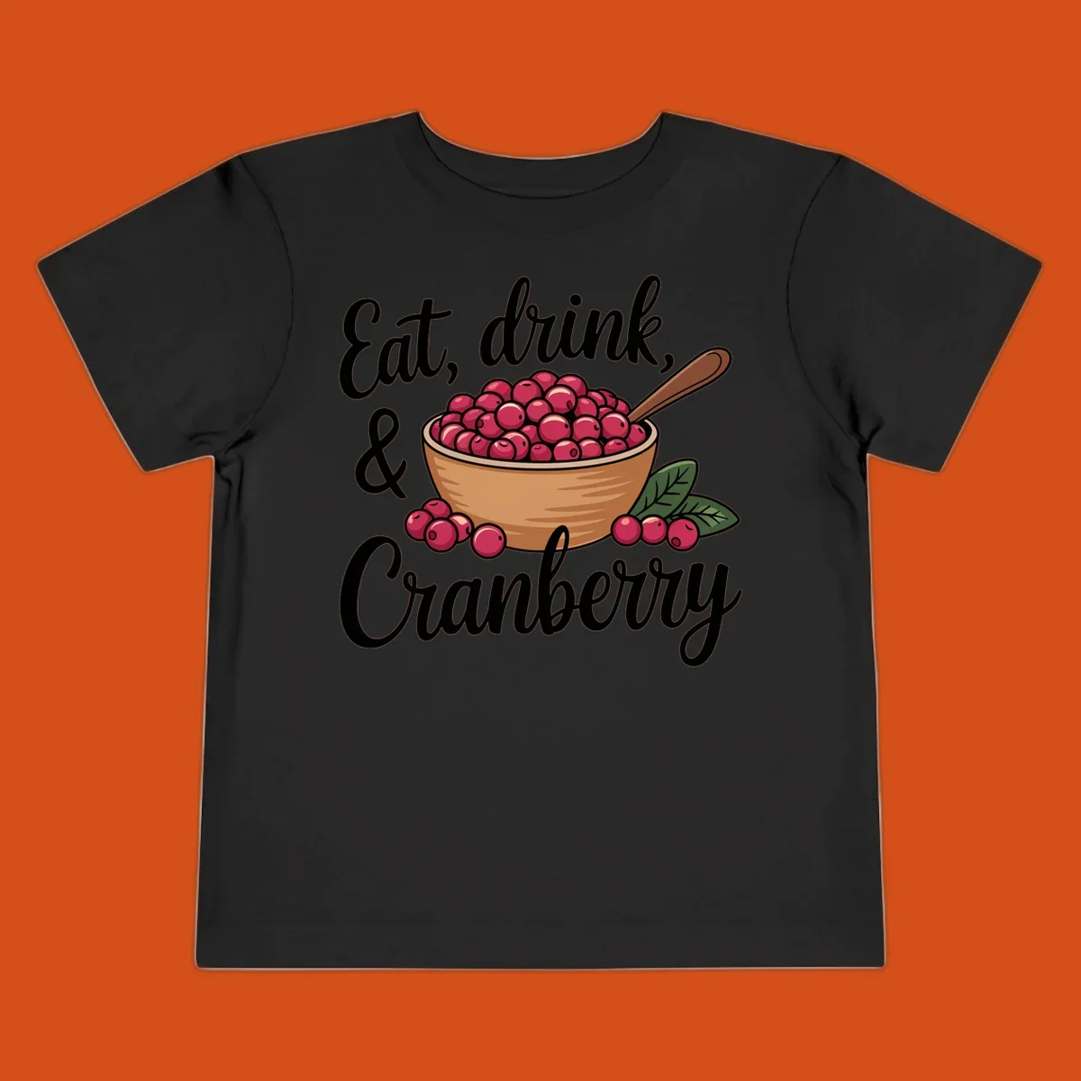 Eat, drink, cranberry text with illustration of a bowl of cranberries
