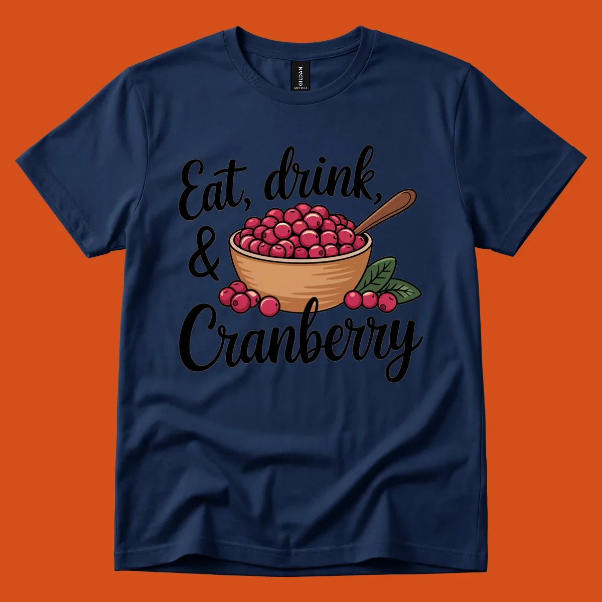 Eat, drink, cranberry text with illustration of a bowl of cranberries