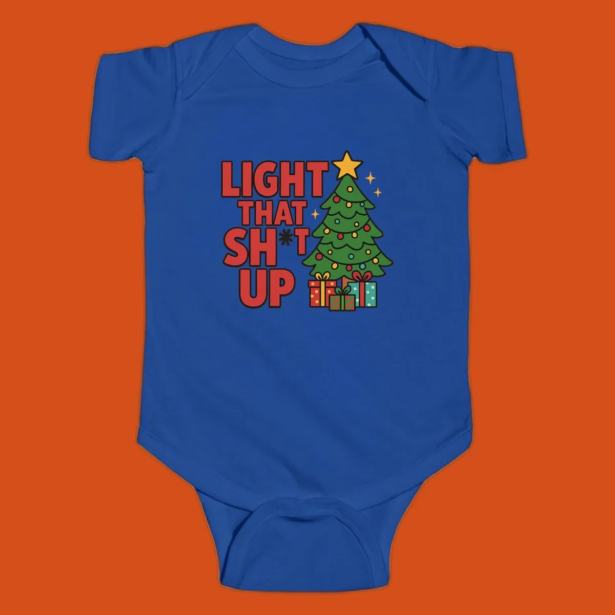 Light That Shit Up Christmas design with a tree and gifts. Christmas graphic.