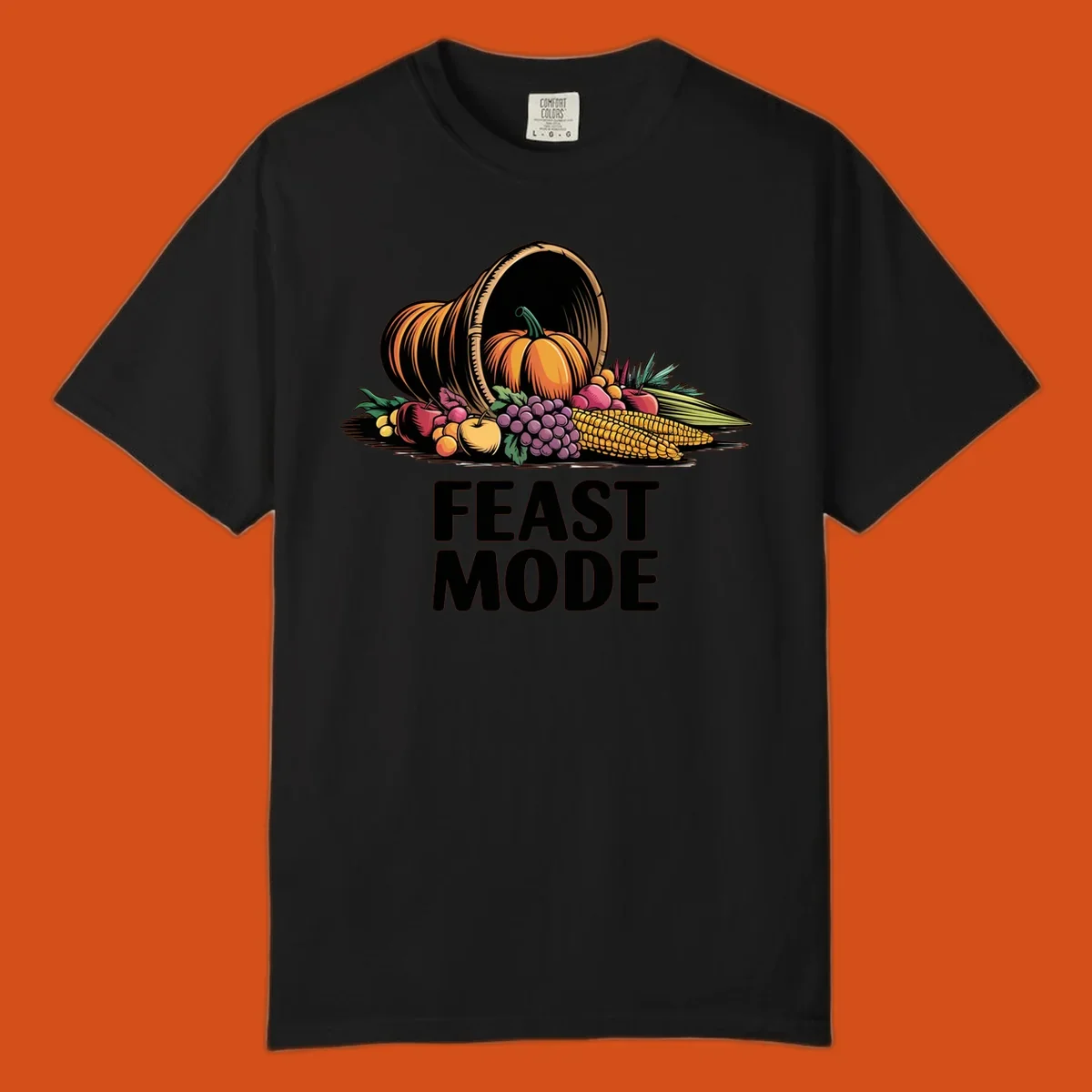 Thanksgiving feast mode cornucopia with fruits and vegetables, text.